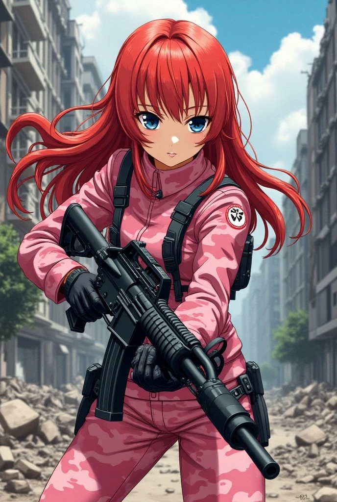 margit eberbach, best quality, masterpiece, 1girl, eye patch, camouflage, fighting stance, naughty face, smile, <lora:Margit_Eberbach:0.7>