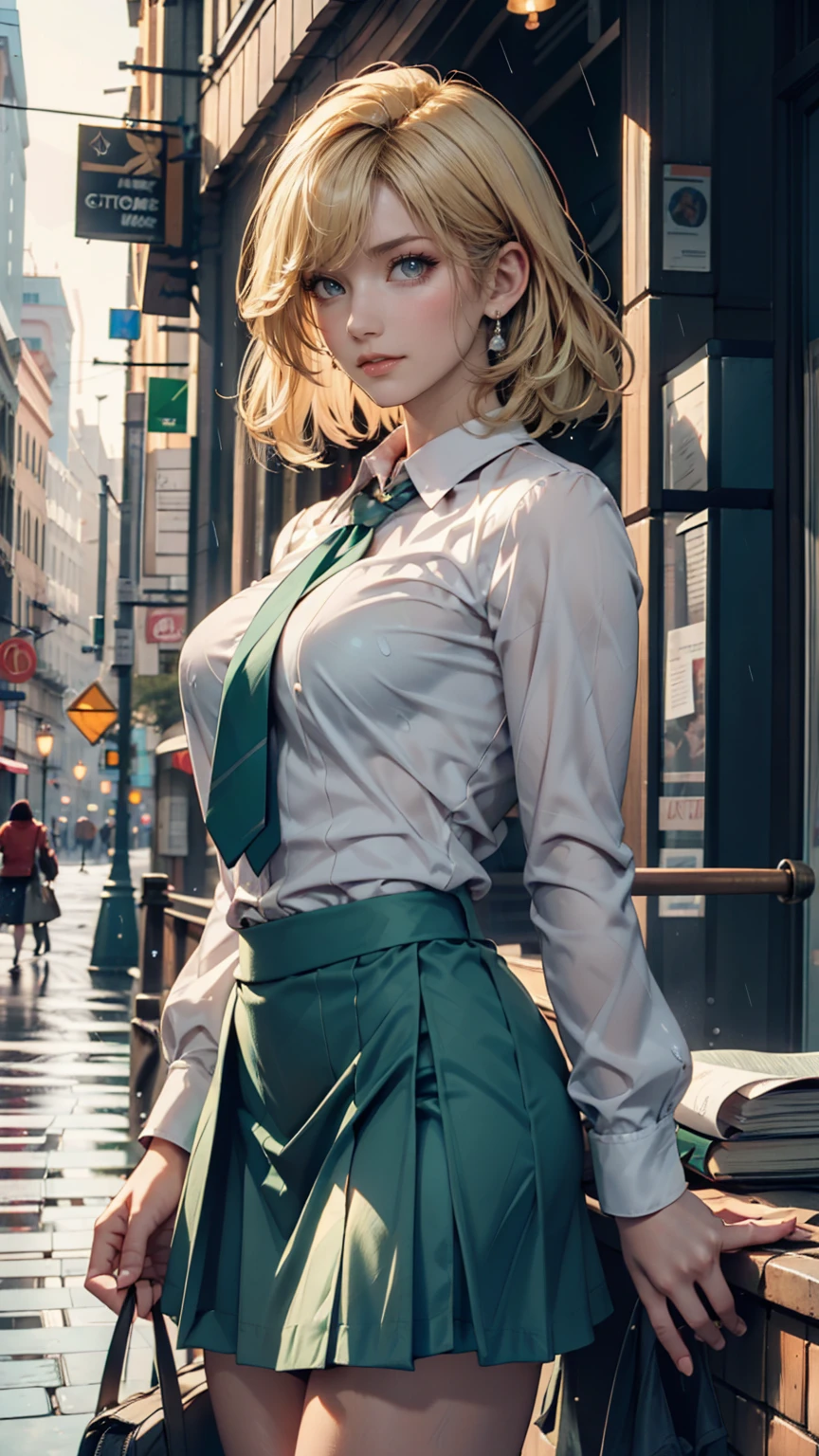  1 girl, Blonde,  short hair,  blue eyes,  white shirt,  green tie,   green skirt , city, rain,  detailed background  