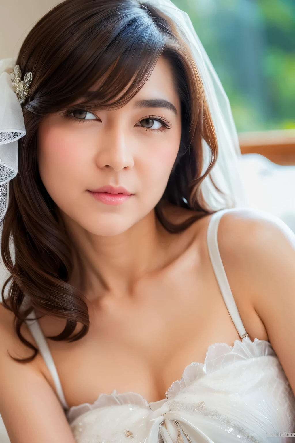 sitting on bed, lifting her skirt, leaning forward, hands on her hips, Light tulle sheer wedding dress, wedding veil, See-through pantyhose with white lace ruffles, white lace ruffle garter belt, looking at camera, front view, long hair, bangs, (detailed face), at bedroom, tempting pose, potrait body, mouth closed, smiling, black eyes, 1 girl, 20yo,Young female,Beautiful Finger,Beautiful long legs,Beautiful body, Beautiful Nose,Beautiful character design, perfect eyes, perfect face,expressive eyes,perfect balance, (looking at viewer), official art,extremely detailed CG unity 8k wallpaper, perfect lighting,Colorful, Bright_Front_face_Lighting,White skin, (masterpiece:1.0),(best_quality:1.0), ultra high res,4K,ultra-detailed, photography, 8K, HDR, highres, absurdres:1.2, Kodak portra 400, film grain, bokeh:1.2, lens flare, (vibrant_color:1.2),professional photograph, (Beautiful,huge_Breasts:1.4), (beautiful_face:1.5),(narrow_waist)