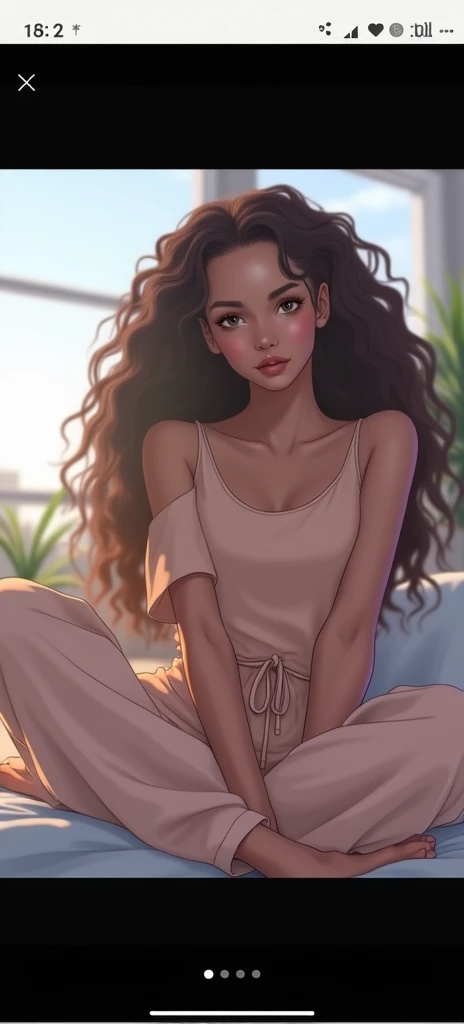 Manga black beautiful woman, sitting on bed, wearing loose off-shoulder top, pajama pants, long curly hair, indoors, soft lighting, plants in background, a copy Book with a gold Pen on the bed, cozy room, relaxed pose, manga, intricate details, warm colors, with Berlie write on the wall in gold letters 