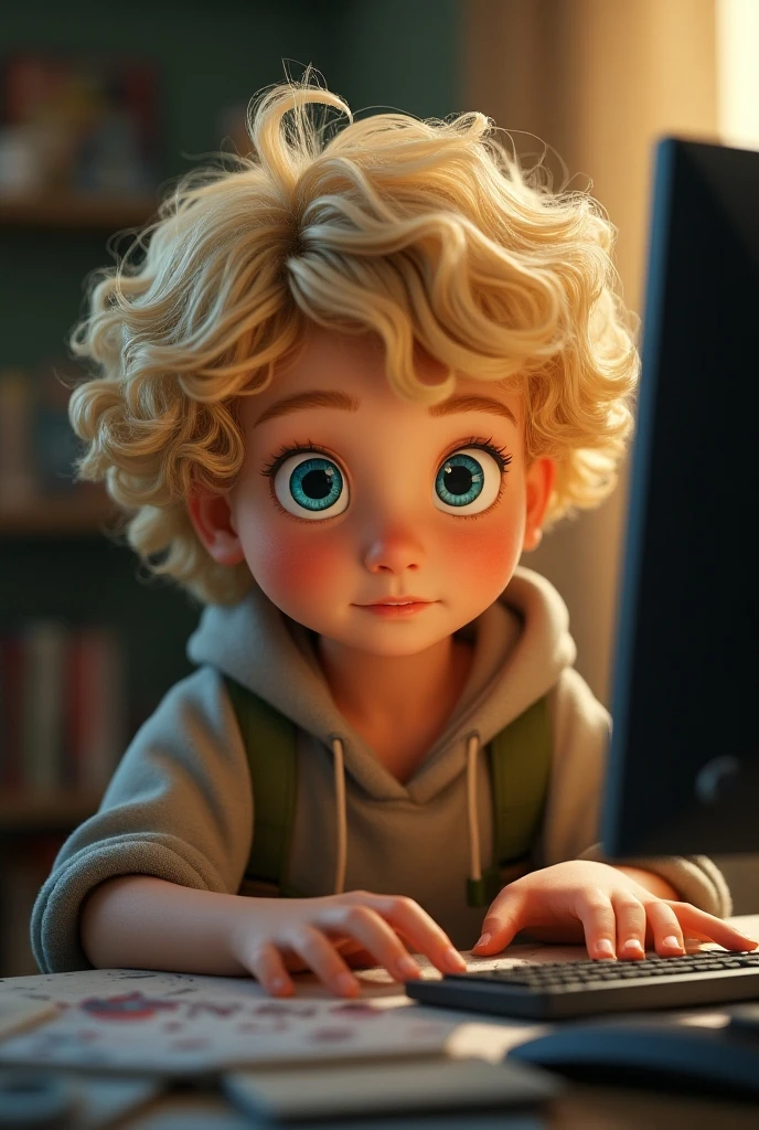 A boy with curly blond hair, green eyes, a green shirt, beige short pants sitting on a couch, looking on his black phone and scratching his back