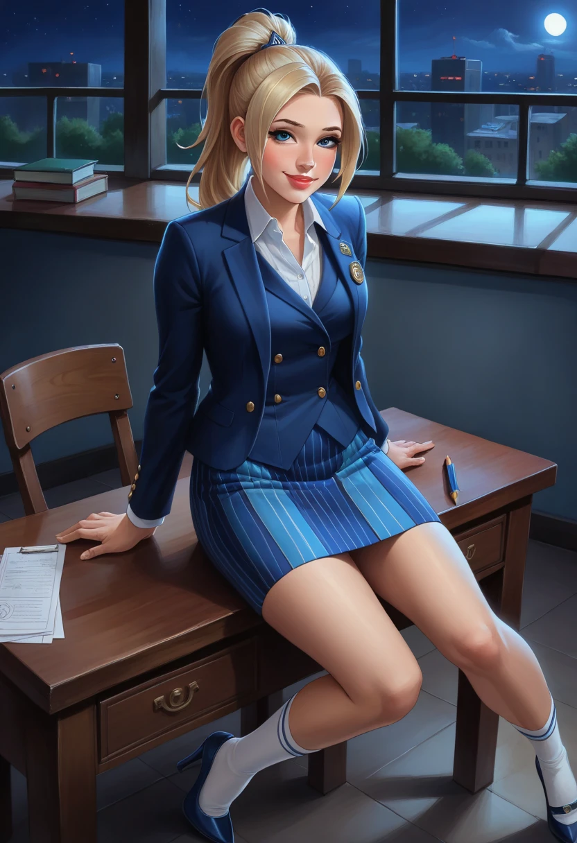 score_9, score_8_above, score_7_above,score_6_above, score_5_above, 1 , compassion (Overwatch), Alone,  beautiful face, Blonde hair,  ponytail , light blush, makeabove, lipstick, medium and cheerful breasts , seductive eyes,  navy blue chalk striped skirt and blazer, (((three-piece suit))), (((shirt dress ))), (((gravata de seda))), (((blazer))), (((jacket))), (((vest))), double-breasted vest, ((( skirt body pencil ))), (((socks))), high heels, pocket square, cufflinks, gravata,  tight clothing, formal wear, Olhos de quarto, seductive, intense blush, smile, detailed background, night, Outside, inside, desk,  volumetric lighting , vivid colors, sitting on desk chair,  full body shot, Sensual, 