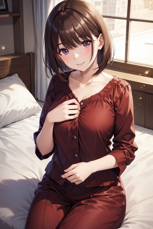 (masterpiece:1.3, top-quality, ultra high res, ultra detailed), (realistic, photorealistic:1.4), beautiful illustration, perfect lighting, natural lighting, colorful, depth of fields, surrealism,
beautiful detailed hair, beautiful detailed face, beautiful detailed eyes, beautiful clavicle, beautiful body, beautiful chest, beautiful thigh, beautiful legs, beautiful fingers, shiny skin, face,
looking at viewer, (face focus, upper body), 1 girl, japanese, high school girl, (perfect anatomy, anatomically correct, super detailed skin), cute and symmetrical face, perfect face, perfect eyes,
(middle hair, bob cut, straight hair, copper tone hair), swept bangs, brown eyes, drooping eyes, big eyes, long eyelashes, (large breasts:1.2, seductive thighs), slender, outstanding style,
((detailed cloth texture, pink striped hooded pajamas tops)),
(beautiful scenery), evening, (living room), sitting sofa, hugging cushion, (lovely smile:1.2, upper eyes),