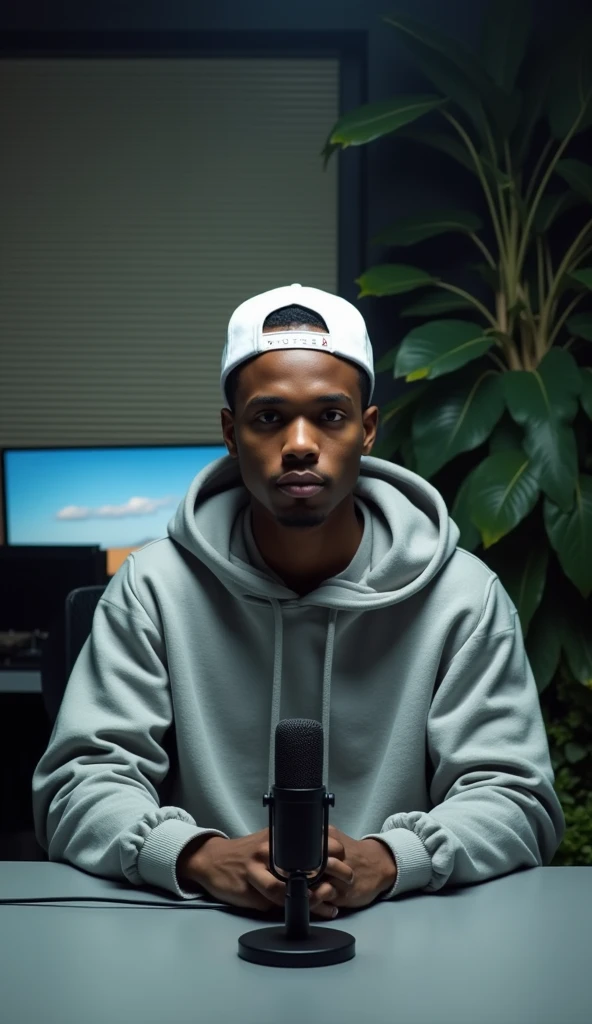 A young Nigerian guy, wearing a white baseball cap backward and a thick designer urban style hoodie, sitting perfectly centered in front of a grey desk with shure microphone and looking directly at the camera with a casual expression. Background is blurred and dimly lit, but contains, greenery, TV screens, window blind