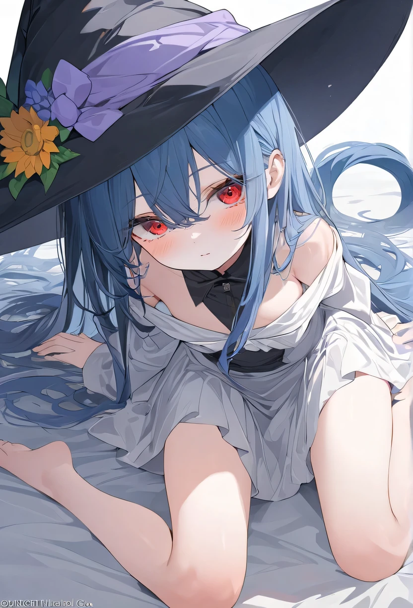 Bare breasts, , Long hair, Two-dimensional, gentle, Blushing, witch, Blue hair, Lying on the bed, Cute, Tsundere men and women
