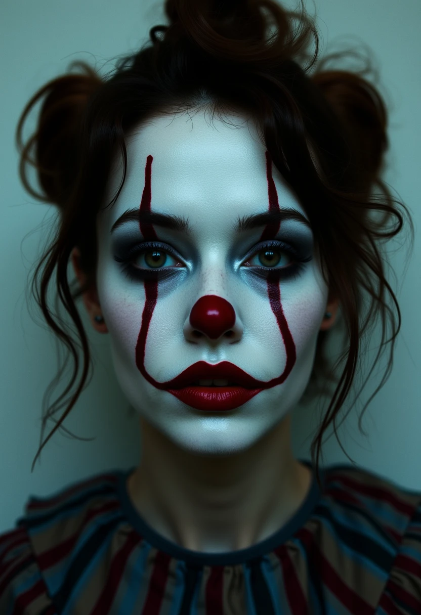 The image is a photograph of a woman with a striking, dramatic makeup look inspired by the horror clown Pennywise from the movie "It." She has a pale, almost translucent complexion, with dark, voluminous, wavy hair cascading around her shoulders. Her eyes are heavily lined with black eyeliner, and her face is adorned with exaggerated, grotesque makeup, including a red nose and red, tear-streaked cheeks.