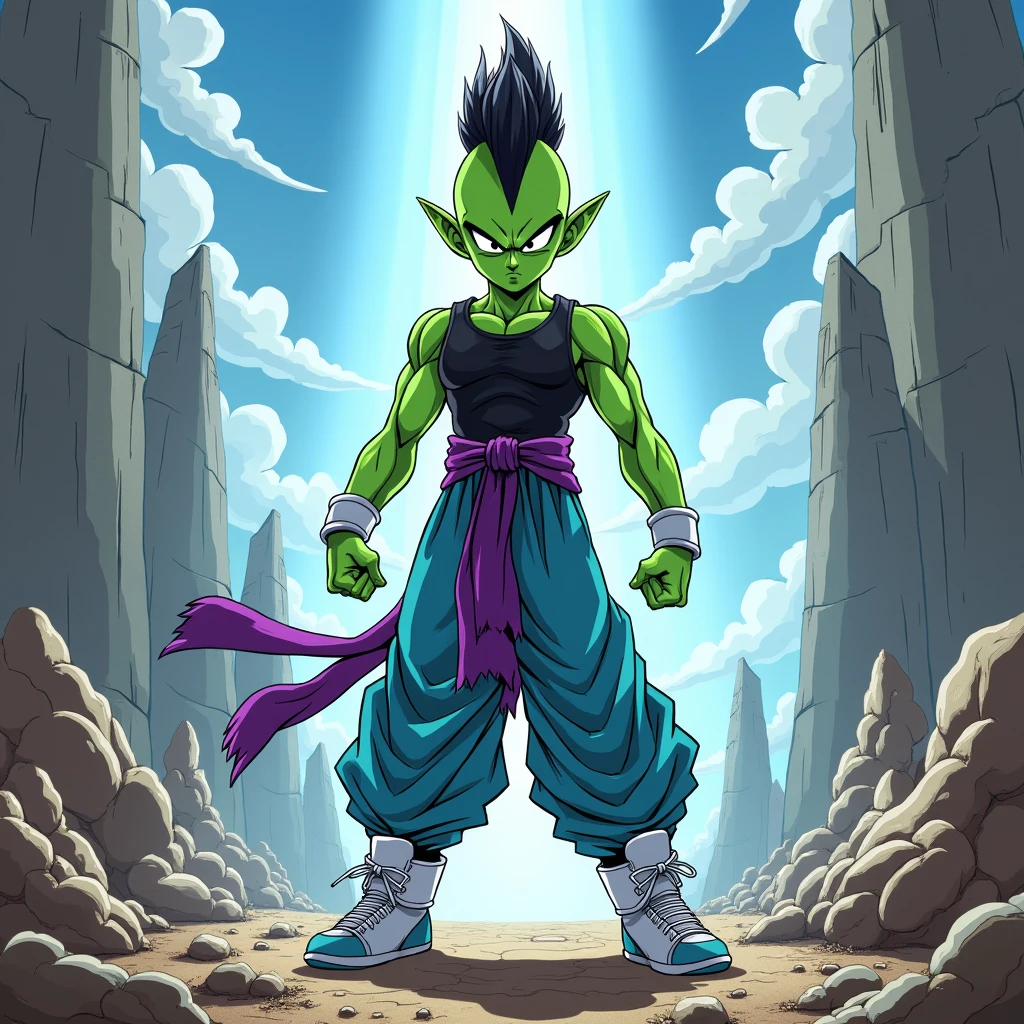 Create a skinny God Man he has green skin and pointy ears and silver eyes and black clothes the purple part of the shirt down the black shirt with a garment tied around the waist and she is blue and light blue pants and white sneakers and his hair is white in mohawk the side of his head is hairless and he is in an imposing pose his face showing contempt heavenly scenery worlds of the gods a destroyed divine city
Dragon Ball GT style ( Make the Dragon Ball features Even )