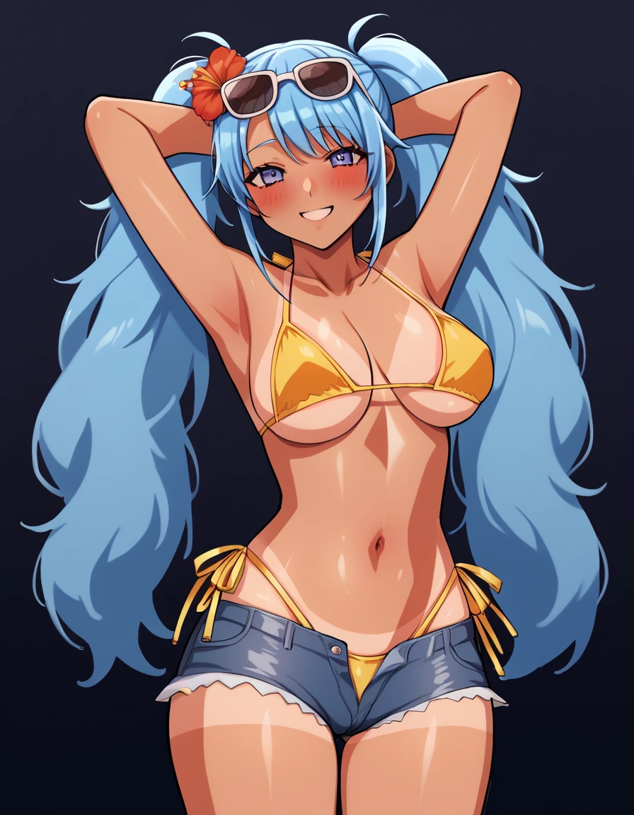 kazuyakiroda, simple black background, score_7_up, source_anime, very aesthetic, absurdres, rating explicit, 1girl, solo, looking at viewer, blush, cowboy shot, large breasts, brmeek, twintails, very long hair, blue hair, hair flower, dark-skinned female, tanlines, bikini under clothes, side-tie bikini bottom, short shorts, denim, yellow bikini, hands back, sexy smile, eyewear on head