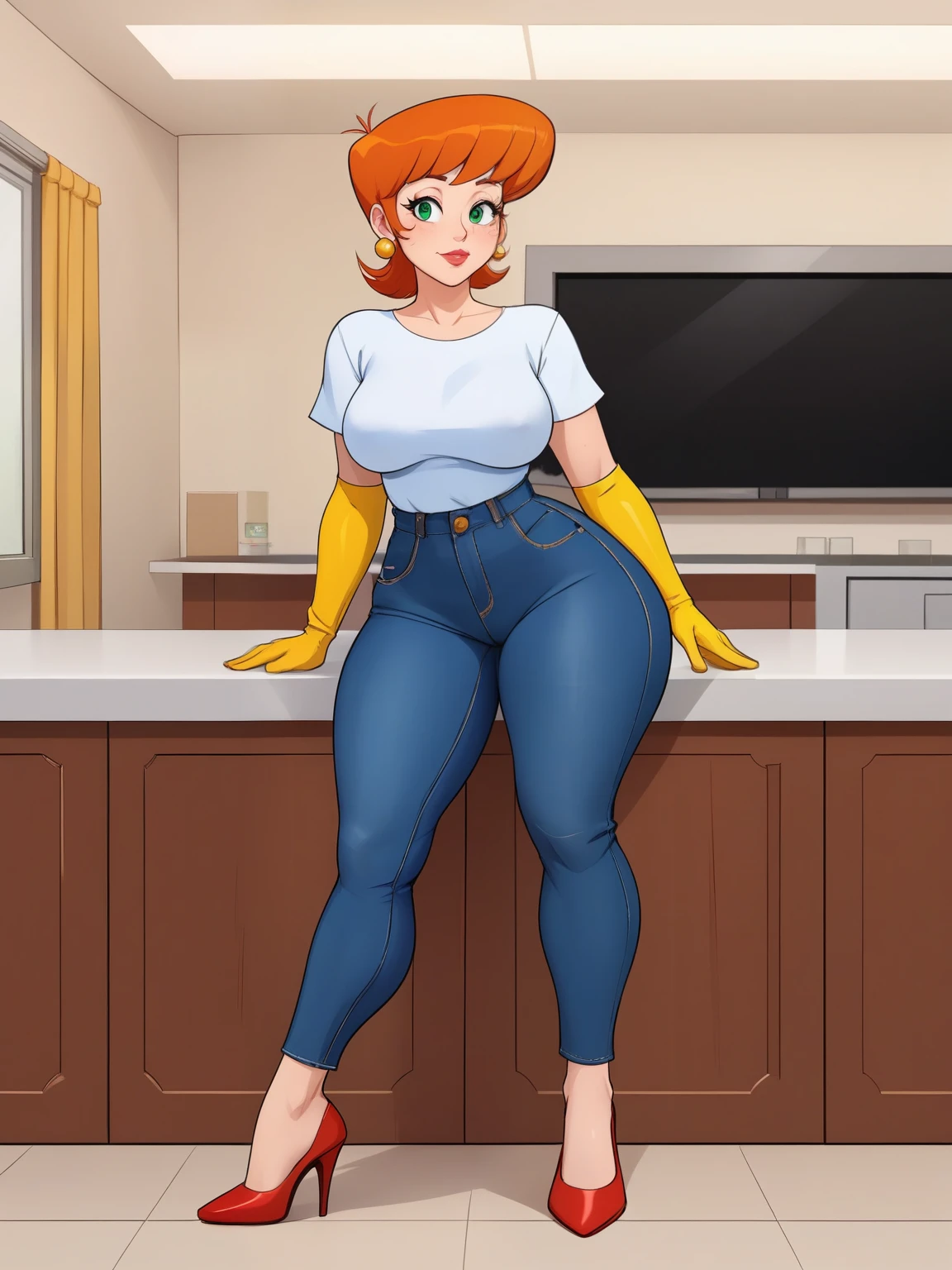 Dexter's Mom.  short hair style . ginger.  green eyes. small, saggy breasts . huge hips. yellow gloves. shirt. jeans. heels. Cafeteria