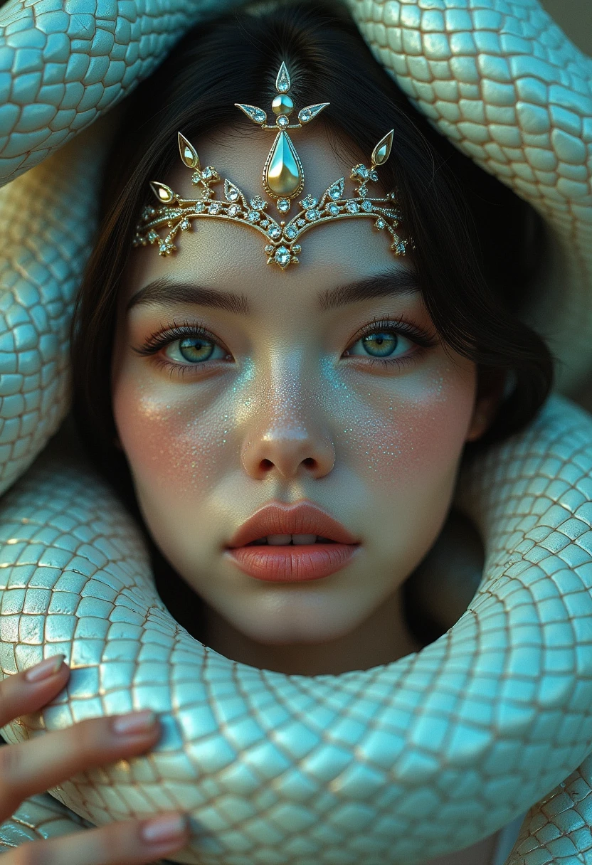 This is a highly detailed, surreal, digital artwork featuring a close-up of a young woman with porcelain skin and dark hair, intertwined with a large, iridescent snake. The woman's eyes are closed, and her face is adorned with a delicate, bejeweled tiara that sparkles with small, glittering stones. Her skin is covered in a shimmering, glittery substance that mirrors the colors of the snake, giving her an ethereal, otherworldly appearance.