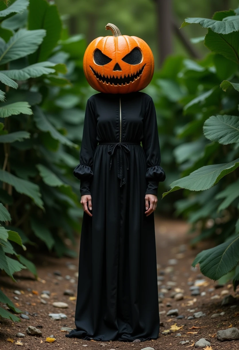 The image is a photograph featuring a woman with a striking Halloween-themed outfit. She is standing outdoors in a natural setting with blurred, lush green foliage and some dry, rocky ground visible in the background. Her head is covered with a carved pumpkin jack-o-lantern, its face featuring a menacing, stitched-shut eye and a sinister grin, creating a spooky, Halloween aesthetic.