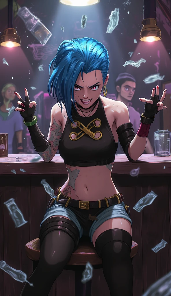  anime style, full body shot of jinx, Jinx sitting behind the bar is causing a ruckus, smashing bottles and glasses, shooting at everything and everyone with big guns, angry and crazy look on her face,