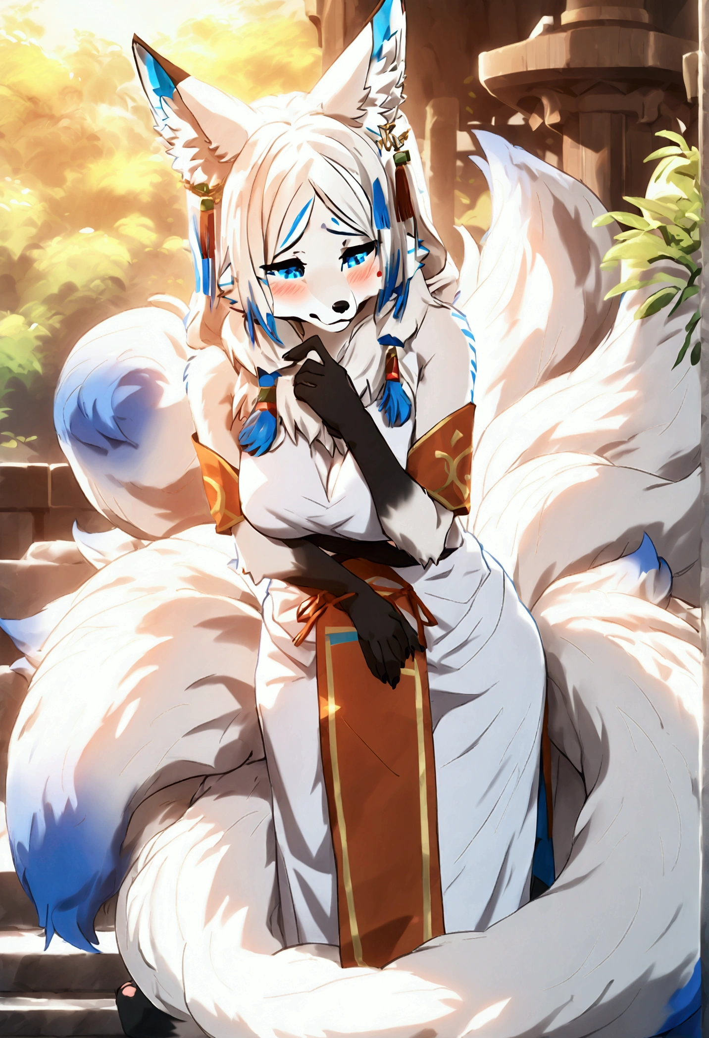 (top quality, best quality, Bogexboog, High-quality illustrations, masterpiece, perfect artwork, cinematic light and shading, 16k, 1080p, uploaded on e621)(kemono, furry, anthro, alone), 1 female, (very detailed body, face, tail, arms, hands, legs, head and eyes), white fox, Yukime, (The Eminence in Shadow), hunter body, big breasts, white fur, fluffy, fluffy nine tails, white fox ears, blue inner ears, white fox hair, perfect eyes, blue eyes, black pupils, beautiful white dress, beautiful legwear, beautiful shrine garden, body movement, body twitching, red blushing, shy, protective behavior