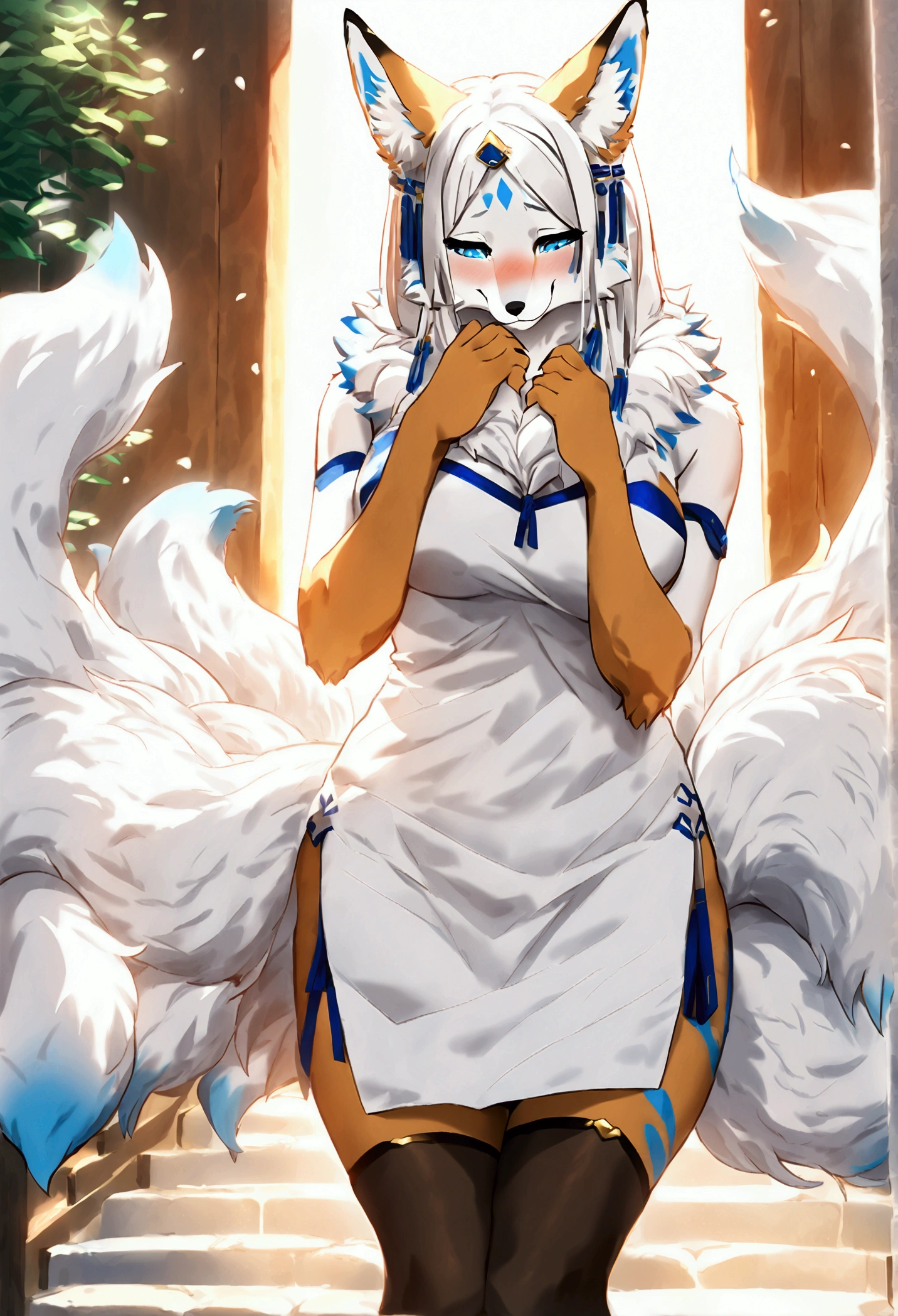 (top quality, best quality, Bogexboog, High-quality illustrations, masterpiece, perfect artwork, cinematic light and shading, 16k, 1080p, uploaded on e621)(kemono, furry, anthro, alone), 1 female, (very detailed body, face, tail, arms, hands, legs, head and eyes), white fox, Yukime, (The Eminence in Shadow), hunter body, big breasts, white fur, fluffy, fluffy nine tails, white fox ears, blue inner ears, white fox hair, perfect eyes, blue eyes, black pupils, beautiful white dress, beautiful legwear, beautiful shrine garden, body movement, body twitching, red blushing, shy, protective behavior