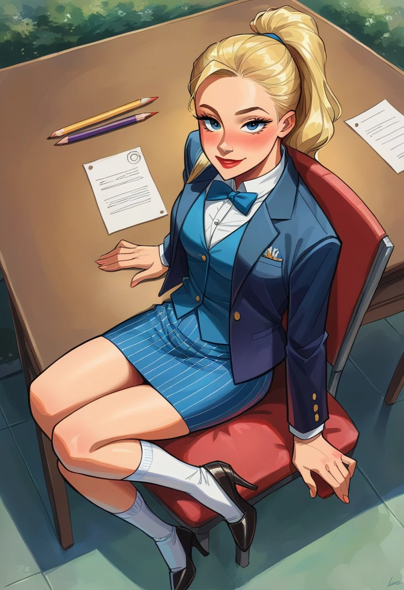 score_9, score_8_above, score_7_above,score_6_above, score_5_above, 1 ,1 beautiful woman,Alone,  beautiful face, Blonde hair,  ponytail , light blush, makeabove, lipstick, medium and cheerful breasts , seductive eyes,  navy blue chalk striped skirt and blazer, (((three-piece suit))), (((shirt dress ))), (((gravata de seda))), (((blazer))), (((jacket))), (((vest))), double-breasted vest, ((( skirt body pencil ))), (((socks))), high heels, pocket square, cufflinks, gravata,  tight clothing, formal wear, Olhos de quarto, seductive, intense blush, smile, detailed background, night, Outside, inside, desk,  volumetric lighting , vivid colors, sitting on desk chair,  full body shot, Sensual, 