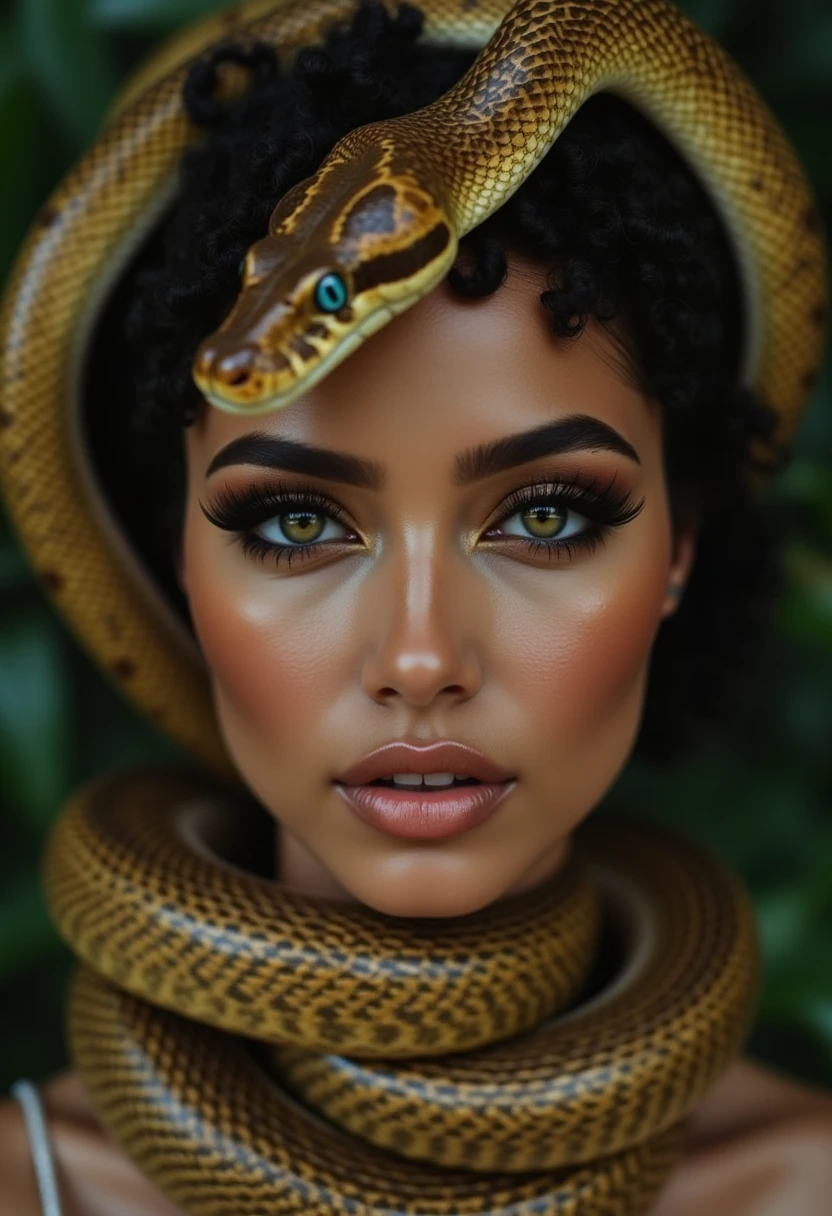 This is a high-resolution, hyper-realistic photograph featuring a close-up of a woman's face and a snake wrapped around her head. The subject is a woman with a light to medium skin tone, possibly of Middle Eastern or Mediterranean descent, based on her facial features and complexion. She has striking, thick, dark brown eyebrows and lashes, and her eyes are almond-shaped with a subtle golden eyeshadow that matches the snake's scales.