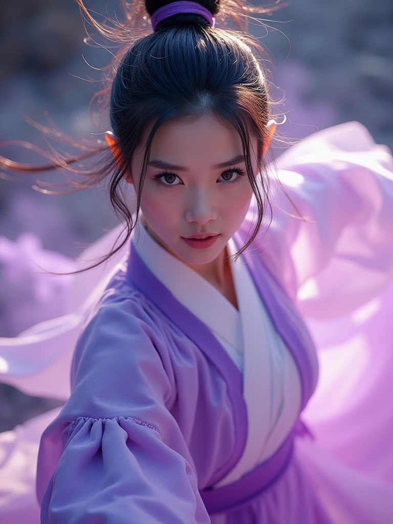 ((masterpiece))), (((best quality))), ((ultra-detailed)), (hyperrealistic), (highly detailed CG illustration), cinematic light, photorealistic ,extremely beautiful young lady, (beautiful face and lips), light makeup, big breast, intricate purple eaba, purple cape, spear, trending on artstation.