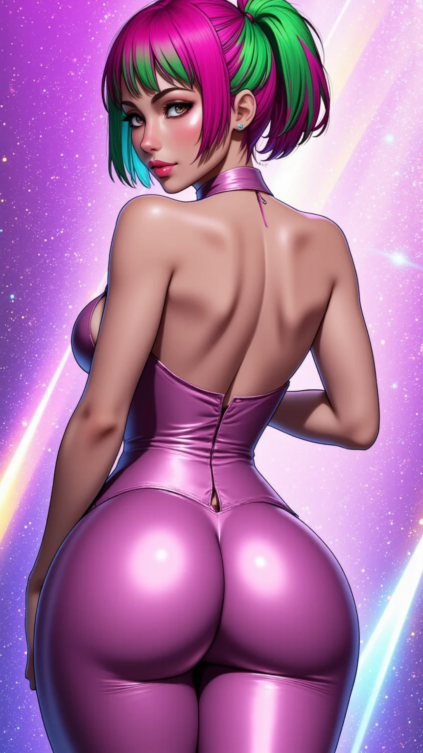 Japanese girl, (anime), manga, sexy, One Full Growth in Latex,  sparkles, Pink Green Hair, posing, Glitter Dust, dynamic shadows, masterpiece, bright colors, Shimmers, clear details, beautiful appearance, masterpiece, best quality, perfect anatomy, very aesthetic, official art, 8k, big tight round butt in viewer's face, horny, sexual gaze, sideboob, huge breasts, from behind, edgy graphic design, 