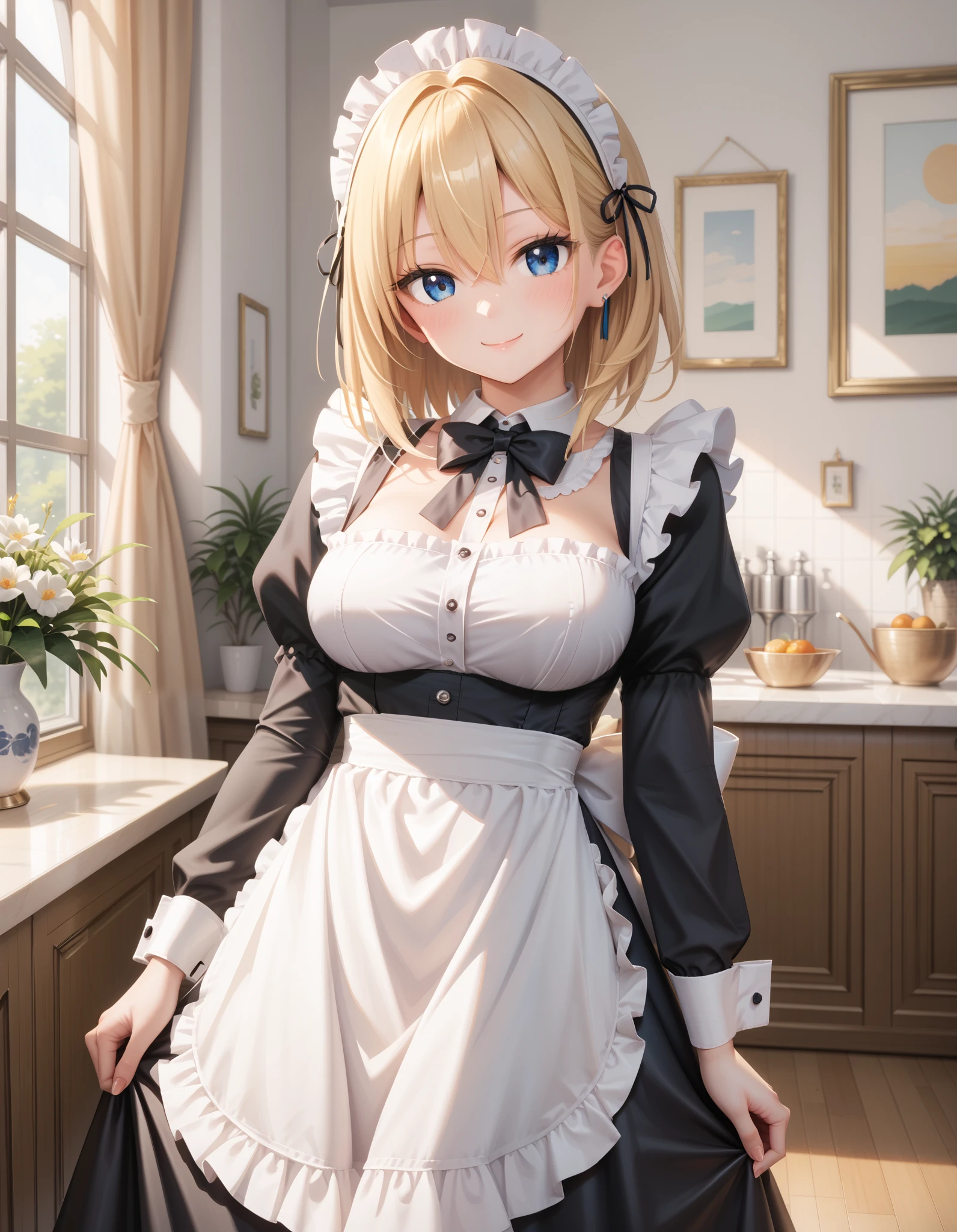 score_9, score_8_up, score_7_up,  newest, masterpiece, best quality
BREAK
cute round face, slender, ultra detailed eyes, ultra detailed hair, ultra beautiful
BREAK
1girl, solo,
(classical maid:1.2),
apron, blush, bow, bowtie, frilled apron, frills, long sleeves, maid, maid apron, maid headdress, waist apron, white apron,
(maid costume, maid hair dress:1.3), long skirt, (holding skirt:-1),
happy smile, closed mouth,
standing, cowboy shot, looking at viewer,
in cafeterrace, indoors, depth of field, ultra detailed background,
medium large breasts, (cleavage:-1),
(blonde hair, dark blue eyes), medium hair, hair between eyes