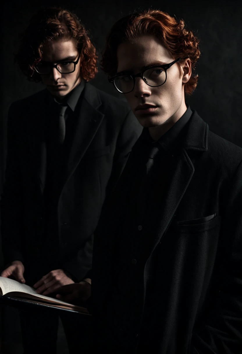 two men standing next to each other.  The modern world . one man, 28 years old, gallant , in a black coat, Stylish, stately,  majestic , brunette,  a mysterious look from under the eyebrows , shoulder length hair,  serious man .  The second man of 30 years old : thin,  dressed in casual streetwear , ginger,  with curly hair, in glasses, freckles on the cheeks,  look insecure ,  presses a black notebook .  A red-haired man stands in front of the first man.  Add darkness ,  gloom and mystery .  Maximum realism ,  high detail