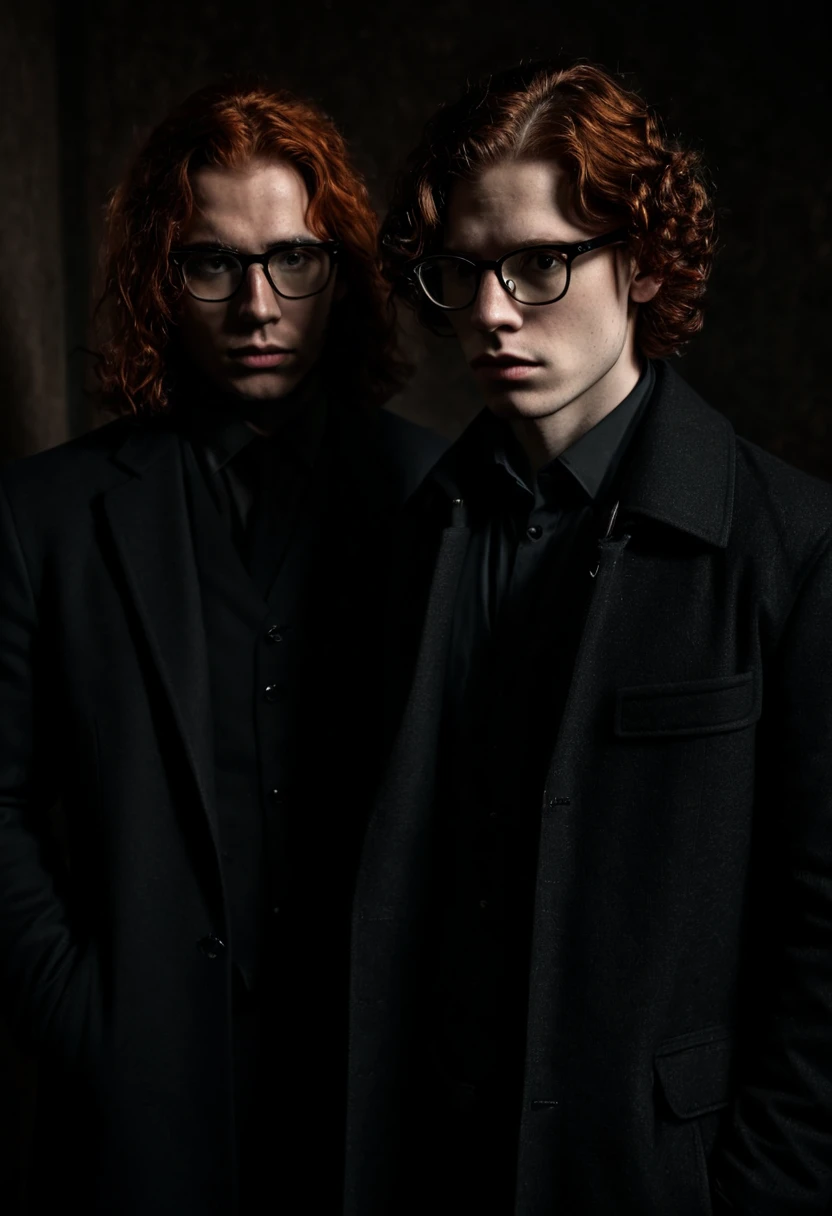 two men standing next to each other.  The modern world . one man, 28 years old, gallant , in a black coat, Stylish, stately,  majestic , brunette,  a mysterious look from under the eyebrows , shoulder length hair,  serious man .  The second man of 30 years old : thin,  dressed in casual streetwear , ginger,  with curly hair, in glasses, freckles on the cheeks,  look insecure ,  presses a black notebook .  A red-haired man stands in front of the first man.  Add darkness ,  gloom and mystery .  Maximum realism ,  high detail