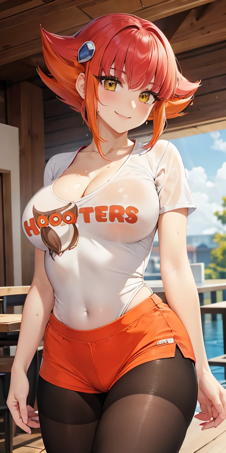 1 Female,High definition,high resolution,Ultra-realistic,8K,Annadef, 1girl, solo, multicolored hair, two-tone hair, hair ornament, yellow eyes, short hair, pink hair, red hair, orange hair, large breasts,white shirt, hooters, orange shorts, pantyhose,European,sexy,Upper body close-up,Photographed from the front,Dynamic Angles, beautiful face, smiling, highly detailed, HD,(wet shirt)