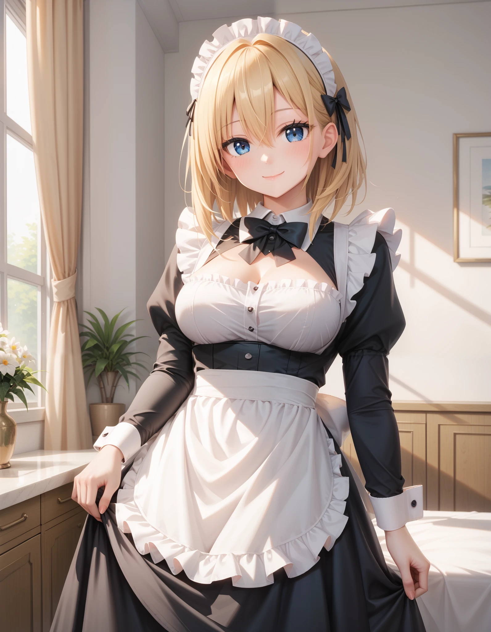 score_9, score_8_up, score_7_up,  newest, masterpiece, best quality
BREAK
cute round face, slender, ultra detailed eyes, ultra detailed hair, ultra beautiful
BREAK
1girl, solo,
(classical maid:1.2),
apron, blush, bow, bowtie, frilled apron, frills, long sleeves, maid, maid apron, maid headdress, waist apron, white apron,
(maid costume, maid hair dress:1.3), long skirt, (holding skirt:-1),
happy smile, closed mouth,
standing, cowboy shot, looking at viewer,
in cafeterrace, indoors, depth of field, ultra detailed background,
medium large breasts, (cleavage:-1),
(blonde hair, dark blue eyes), medium hair, hair between eyes