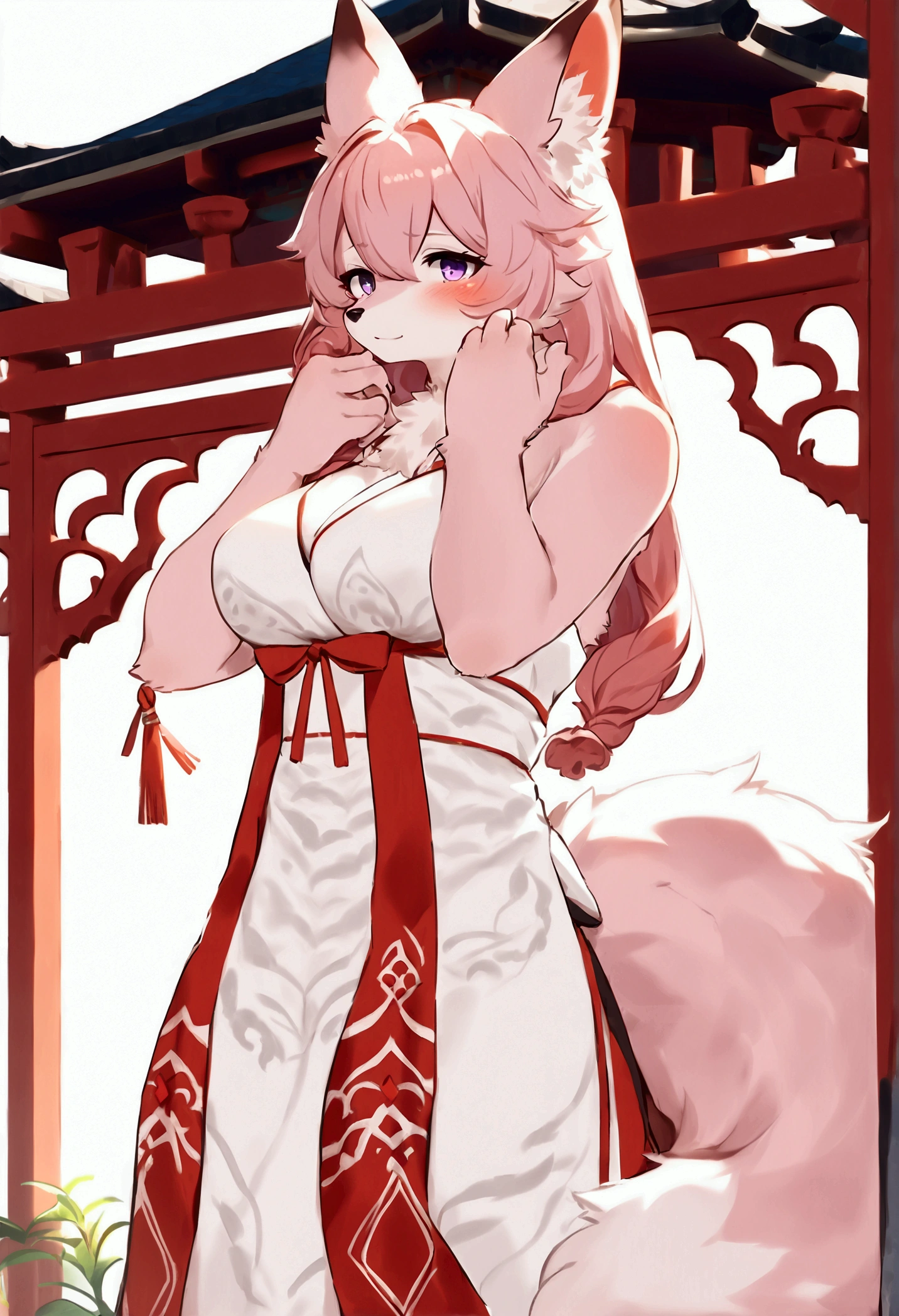 (top quality, best quality, Bogexboog, High-quality illustrations, masterpiece, perfect artwork, cinematic light and shading, 16k, 1080p, uploaded on e621)(kemono, furry, anthro, alone), 1 mature female, (very detailed body, face, tail, arms, hands, legs, head and eyes), fox, Yae Miko, (Genshin Impact), hunter body, mature body, big breasts, pink fur, fluffy, fluffy tail, shrine maiden long hair, perfect eyes, purple eyes, black pupils, beautiful shrine dress, beautiful legwear, beautiful shrine garden, body movement, body twitching, red blushing, shy, protective behavior, full body view