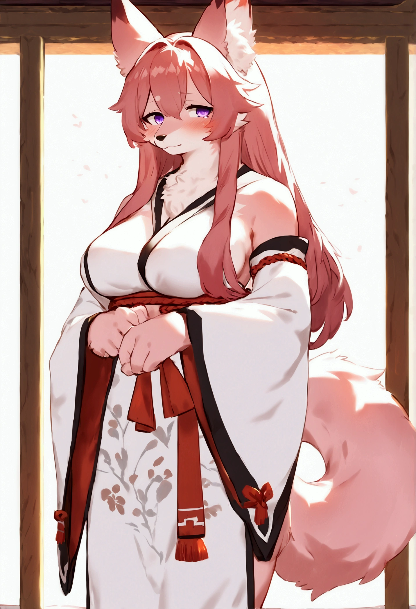 (top quality, best quality, Bogexboog, High-quality illustrations, masterpiece, perfect artwork, cinematic light and shading, 16k, 1080p, uploaded on e621)(kemono, furry, anthro, alone), 1 mature female, (very detailed body, face, tail, arms, hands, legs, head and eyes), fox, Yae Miko, (Genshin Impact), hunter body, mature body, big breasts, pink fur, fluffy, fluffy tail, shrine maiden long hair, perfect eyes, purple eyes, black pupils, beautiful shrine dress, beautiful legwear, beautiful shrine garden, body movement, body twitching, red blushing, shy, protective behavior, full body view