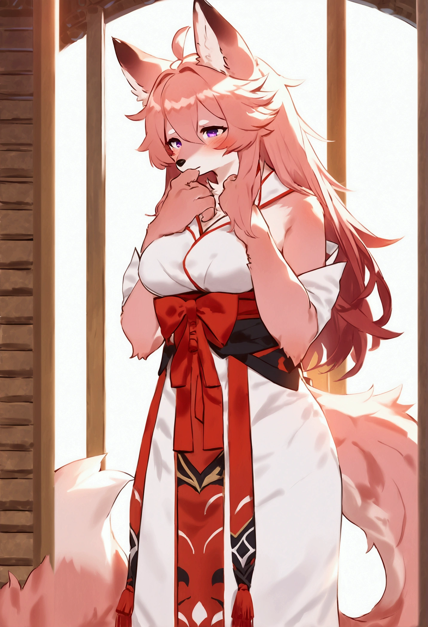 (top quality, best quality, Bogexboog, High-quality illustrations, masterpiece, perfect artwork, cinematic light and shading, 16k, 1080p, uploaded on e621)(kemono, furry, anthro, alone), 1 mature female, (very detailed body, face, tail, arms, hands, legs, head and eyes), fox, Yae Miko, (Genshin Impact), hunter body, mature body, big breasts, pink fur, fluffy, fluffy tail, shrine maiden long hair, perfect eyes, purple eyes, black pupils, beautiful shrine dress, beautiful legwear, beautiful shrine garden, body movement, body twitching, red blushing, shy, protective behavior, full body view