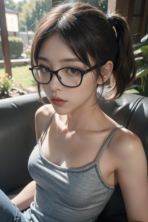 Highest quality, RAW Photos, Realistic, face, Incredibly beautiful girl, cute, length Hair,ponytail，Glasses，Written boundary depth, High resolution, 超detailed, detailed, Very detaileded, extremely detaileded eye and face, Sharp pupils, Realistic students, Sharp focus, Cinema Lighting, Japanese, Short Woman,  Physical build, Short arms, length, Narrow eyes, Fleeting atmosphere, 10 , Brown Bob Hair, ((thin唇)), White top and bottom underwear, masterpiece, Highest quality, detailedな肌, detailedなface, fine grain, 8K, Excellent anatomy, Upper body portrait，flat breasts, small breasts, small,( small bust: 1.2), small bust, (slim, small, flat, small), thin, Delicate and sexy collarbone, One Girl, (beautiful girl, Delicate girl:1.3), (10 years old:1.3),
