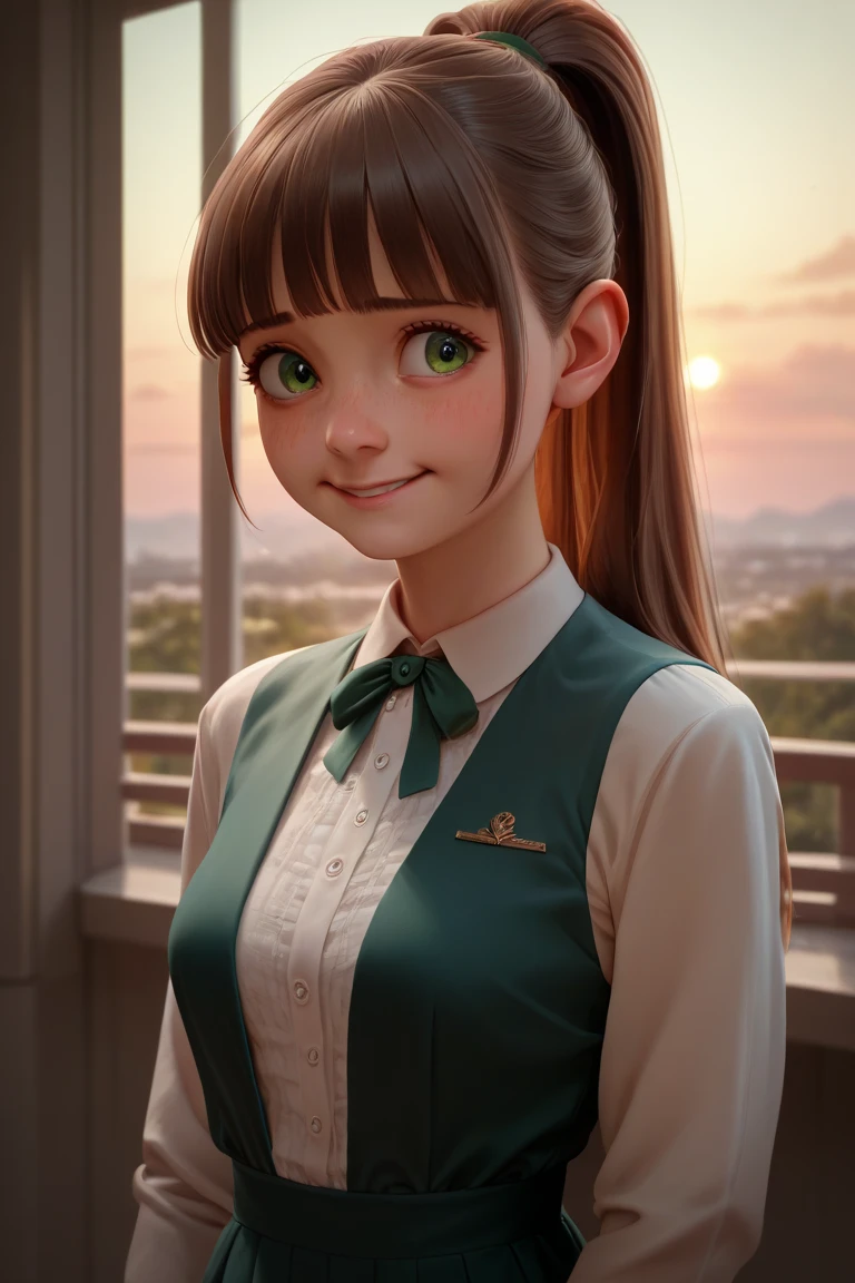 
A loli teen girl watching the sunrise wearing formal uniform clothes, green eyes, long hair with a fringe in a ponytail, detailed nervous face, smile, shy girl, normal breasts, detailed beautiful body, thin body,