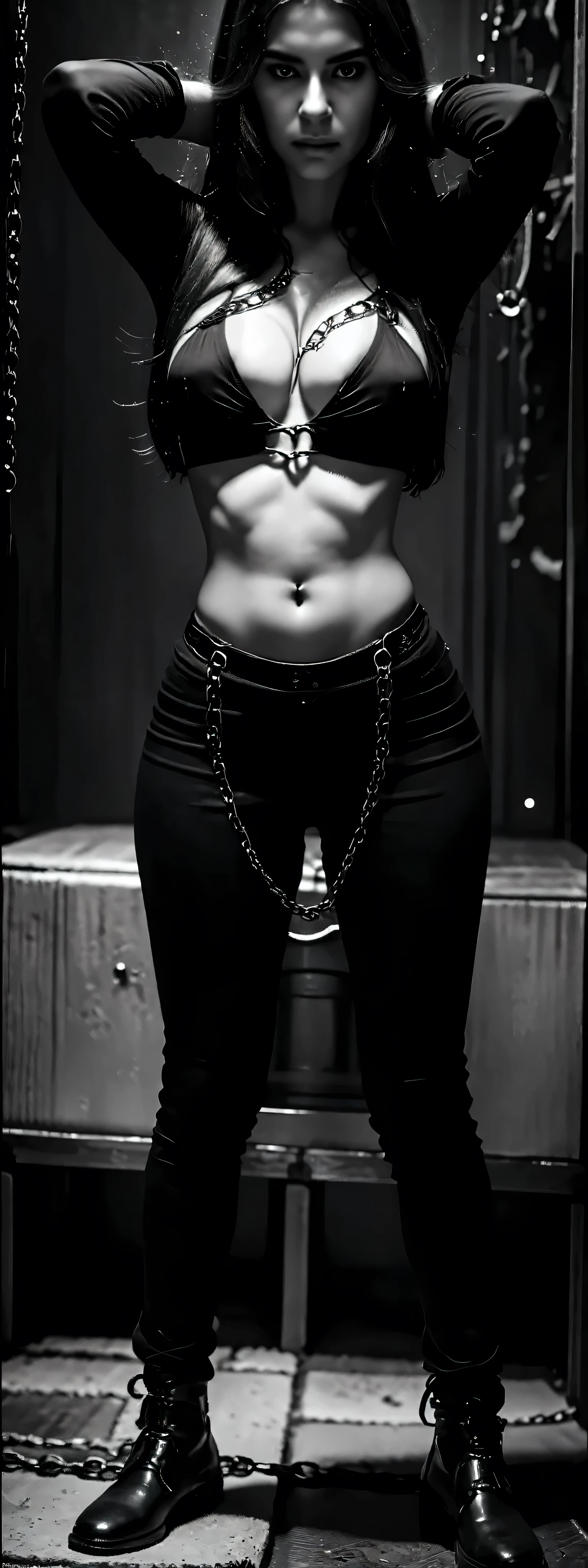 (masterpiece, best_quality:1.2), 1girl, solo,portrait,32k,(woman in chains),(extremely huge breasts),beautiful dark eyes,detailed facial expression,long flowing hair,confident and determined poses,broken chains,dark and moody atmosphere,(black and white photography),dramatic lighting,(harsh conditions)