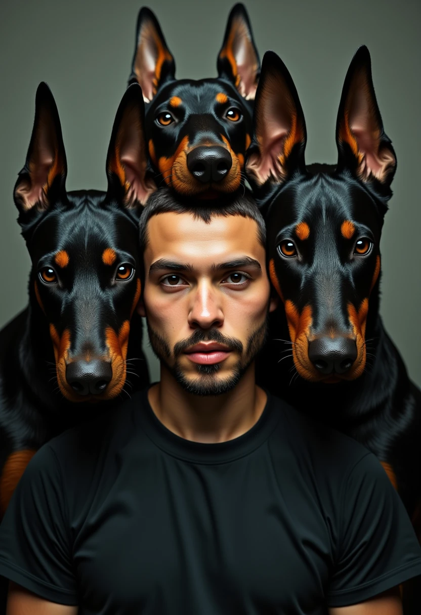 The image is a digital artwork that blends realistic human and animal elements. The central figure is a young man with a light skin tone and a short beard, wearing a dark, short-sleeved shirt. His face is prominently featured, with his eyes looking directly at the viewer. His face is surrounded and partly obscured by the heads of three Doberman dogs.