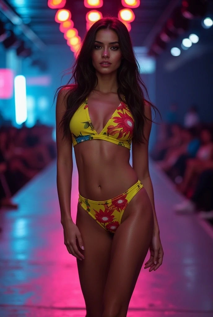 A full body length image of a radiant brunette woman, her smile gleaming in the neon-lit modern city at night. Dressed in a strapless top that accentuates her figure, she confidently leans against a textured city wall. The warm glow of the neon lights bathes her in a soft, ethereal light, casting intriguing shadows that add depth to her features. Her long, wavy brunette hair cascades down her shoulders, catching the ambient light and shimmering like velvet. Her expressive, deep-set brown eyes sparkle with a mix of curiosity and joy as they gaze into the distance. Delicate studs adorn her e