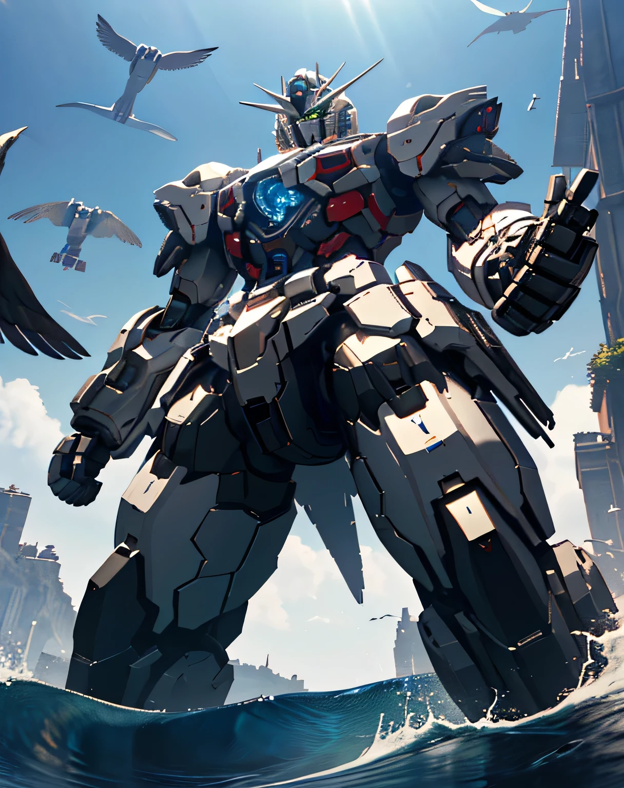 (( dynamic movement)), giant white robot, Blue Chest, streamlined armor , ( rendered in Unreal Engine 5 , Black Octane Rendering, Super detailed with octane rendering , rendered with 8K Unreal Engine , rendered with Unreal Engine 6 , high detail iconic characters , 8k octane rendering photorealistic, Unreal Engine 5 Render , rendered in Unreal Engine 5 , Detailed images, Ultra-precision), metallic, My eyes are glowing green, ((sea, Wave, Lots of water splashes: 1.5, A group of seagulls flying above)), (from below: 2.0), EdobLandscapeAlpha, (32K, Ultra High Definition), Nijimecha, Holding a large sword, Symmetrical head