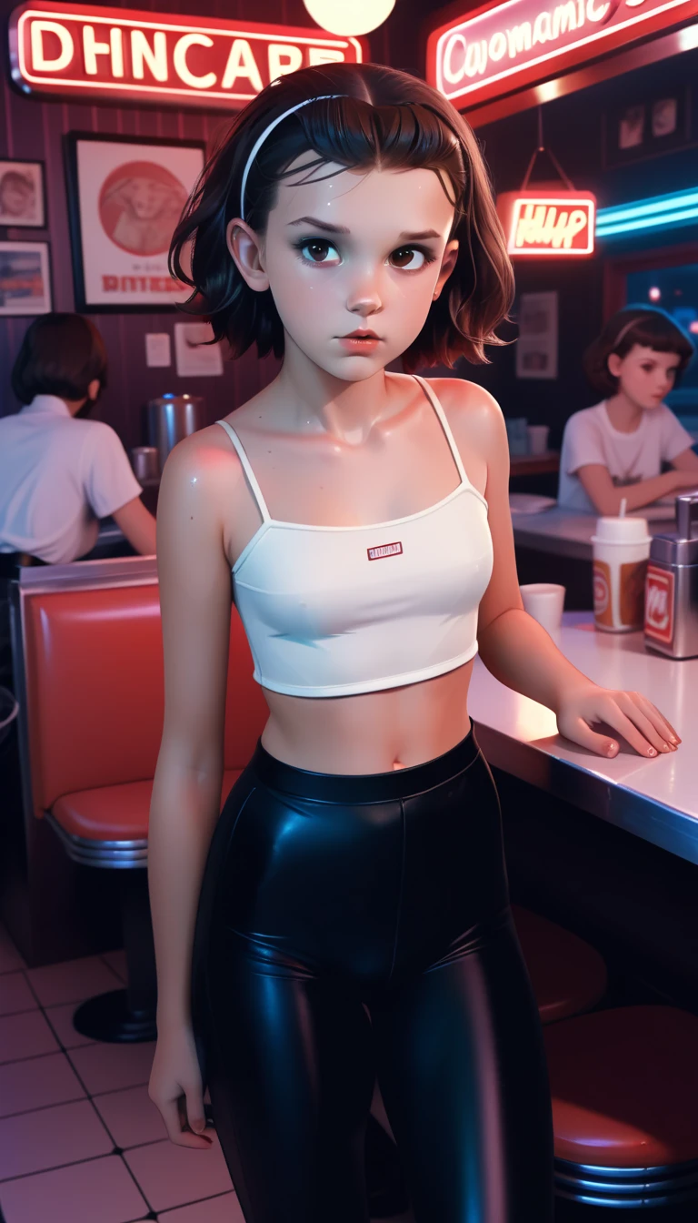 A young Millie Bobby Brown, revealing skimpy cotton pale crop-top and tight shiny black leggings, working in a diner in the 1980s at night, dynamic pose:1.2, highres highly detailed best quality UHD RTX by Ilya Kuvshinov Tom Bagshaw WLOP, she is shy:1.2, bright lights and neon