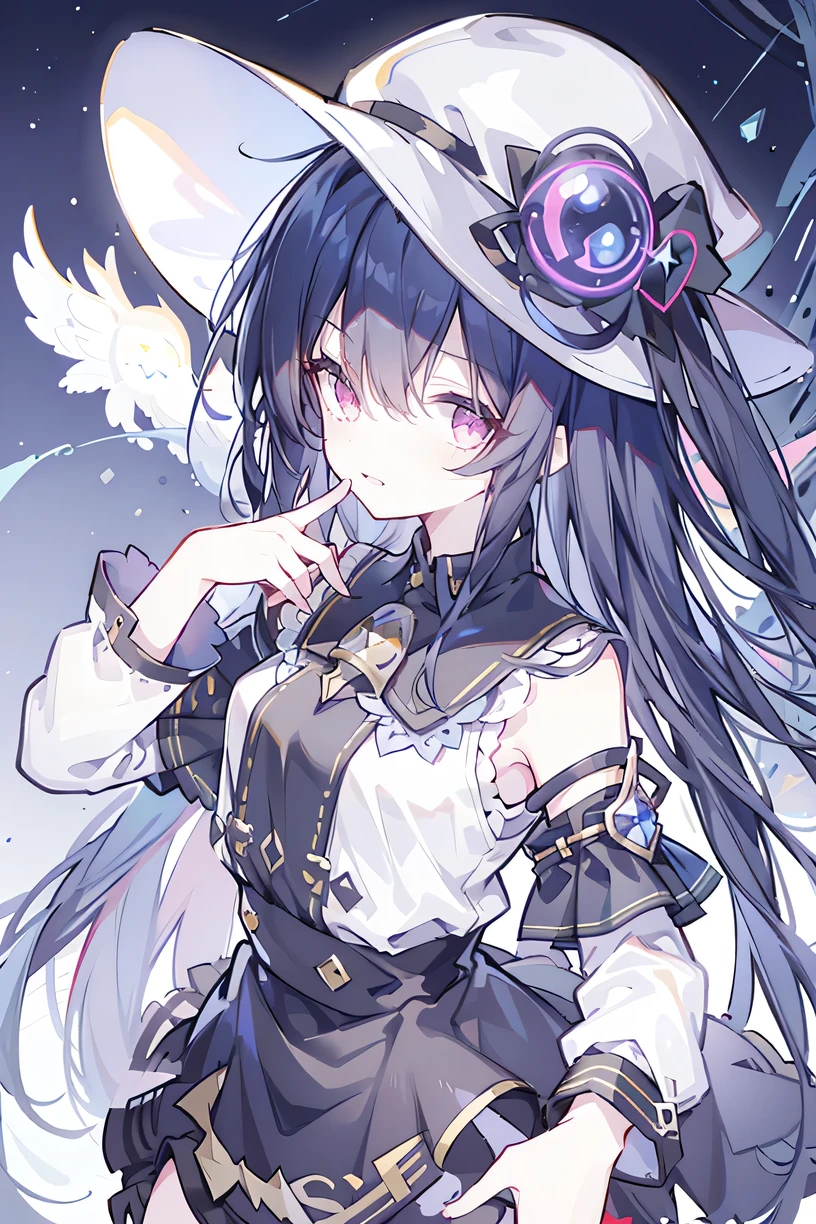 oung Girls,Humanity,A magician always smiles,big witch hat,cute,dark blue long hair,The eyes are dull,The bangs are heavy,Thin eyebrows,fantasy,intake,Double teeth,Star Theme,Constellation pattern,Solid color clothetal decoration,cloak,A bit of a dark atmosphere,A little crazy smile,When the big moon shines outside at night,blood,Hair black star embellishment,Short tie,No nails,High waist skirt,Bell sleeves,Long-sleeved shirt,Black tie,low risk,gentlemen。Mist、Yellow and white effect，Shocking pink as an accent color