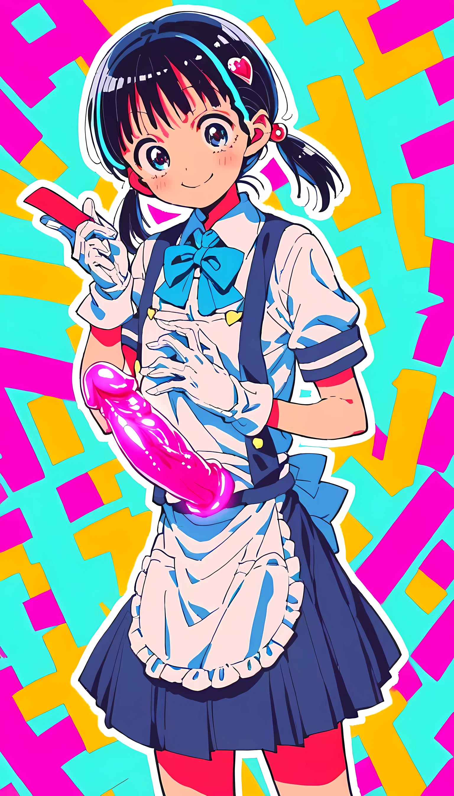 Smiling young female, long apron, school uniform mixed gothic, 張り詰めた tits , colorful glowing 2 big dildo colored rainbow in both hands, white glove, ローションをディルドに塗る, 