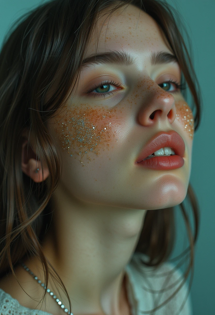 This is a highly detailed, surreal digital artwork featuring a close-up portrait of a young woman with a fair, freckled complexion and long, straight hair. The subject's eyes are closed, and her face is adorned with a serene, slightly melancholic expression. Her skin is covered in a scattering of tiny, sparkling particles, adding a magical, ethereal quality to the scene.