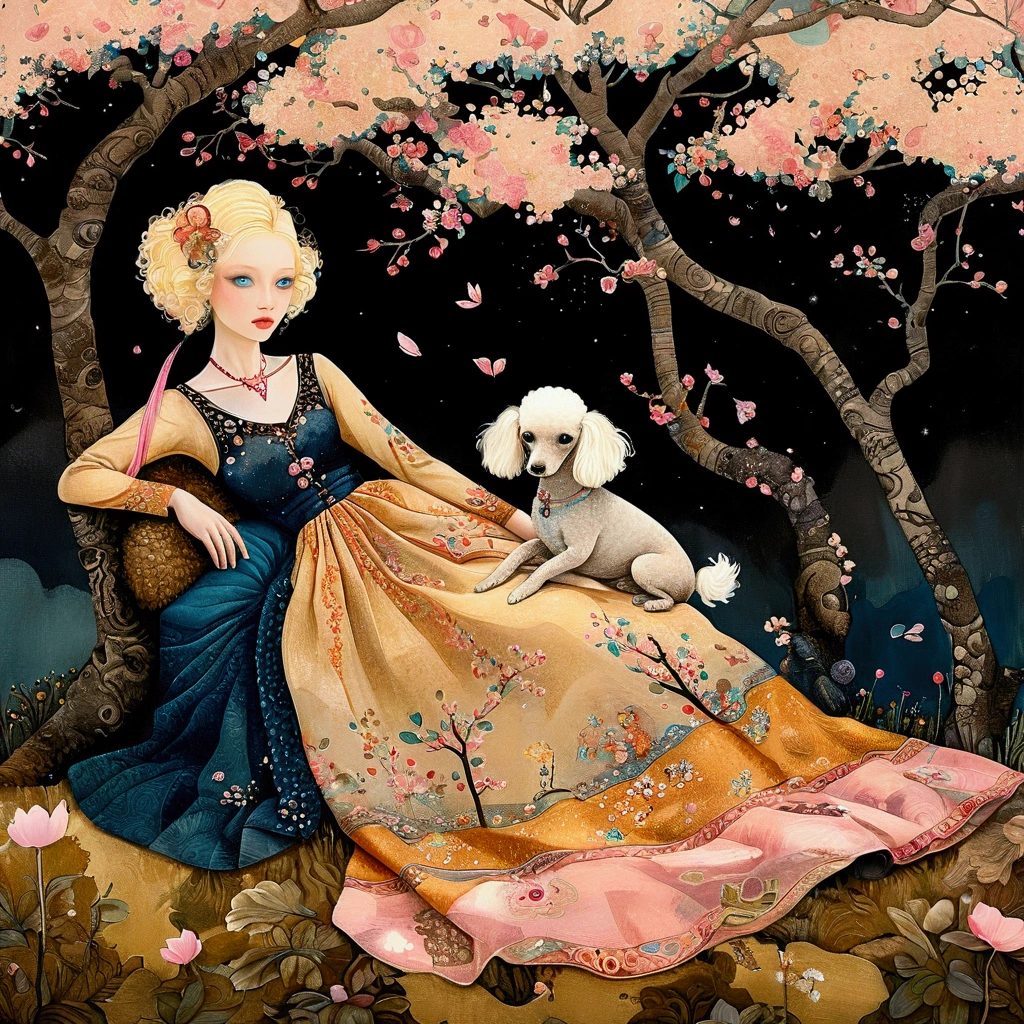 Catrin Welz-Stein style, digital art, dreamlike, ethereal, fantasy, imaginative, intricate, magical, mystical, otherworldly. a wide shot of a european woman with blonde hair and blue eyes, dressed in a ochre long dress and decorated with intricate patterns and warm colors, lying peacefully under a blooming cherry tree. Beside her, a ((black)) small ((toy poodle)) sits. The background features a captivating Japanese garden adorned with cherry blossoms in full bloom. The pink petals dance in the air, while sunlight filters through the branches, creating a delicate and luminous mosaic of light and shadow that envelops the scene.
