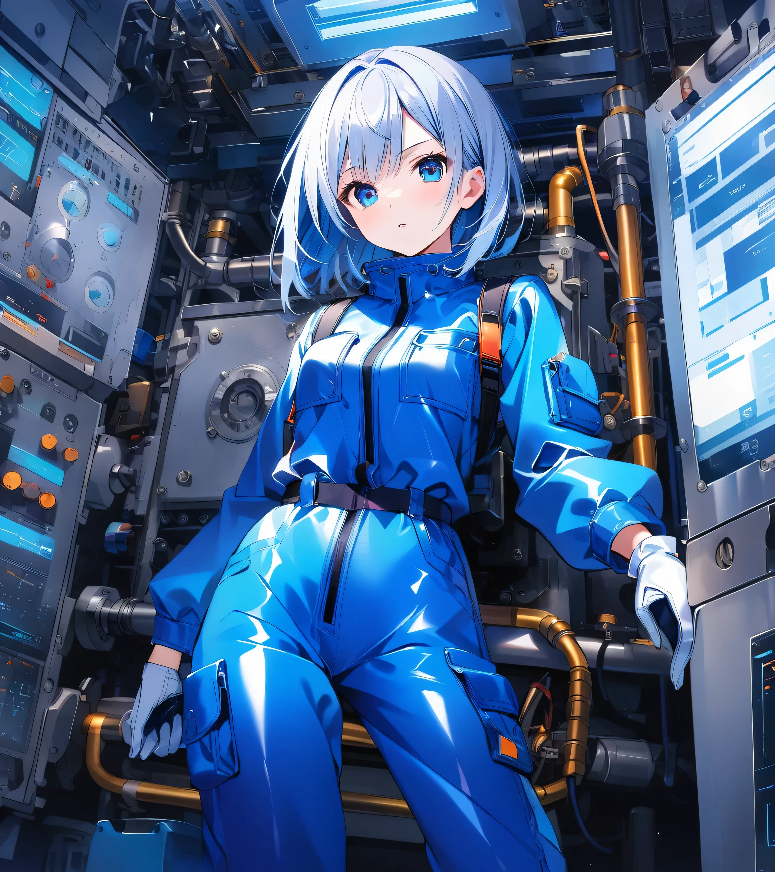 1girl in, Adult female space fighter pilot in cockpit of ship in mega detail suit, Sit with a stick、Reunion with detailed hyper control panel and dial, Buttons and levers, Cyberpunk Ballads, High-tech graphics throughout the costume, top-quality, masterpiece, sexy pose, Perfect Body Flat Chest, cute little, beatiful detailed eyes, shinny hair, visible through hair, hair between eye, USA Poster, red monochrome, USA Poster,, long light blue hair with black eyes, girl with,tiny chest,space suits:orange_Clothing_Body:Jumpsuit), blanche_gloves, Space Boots, helmets, weightless, side lights, Reflectors、A person in a spacesuit is in the lower left corner of the photo.、Extend your right hand、The right hand gently touches the Salyut space station)、Space station in the upper right corner of the screen、Reflected light from the sun、Silvery metal、red flag、brilliance、diffuse reflection、metal texture、Far Blue Earth、 Mecha style、Starsea、High Profile、