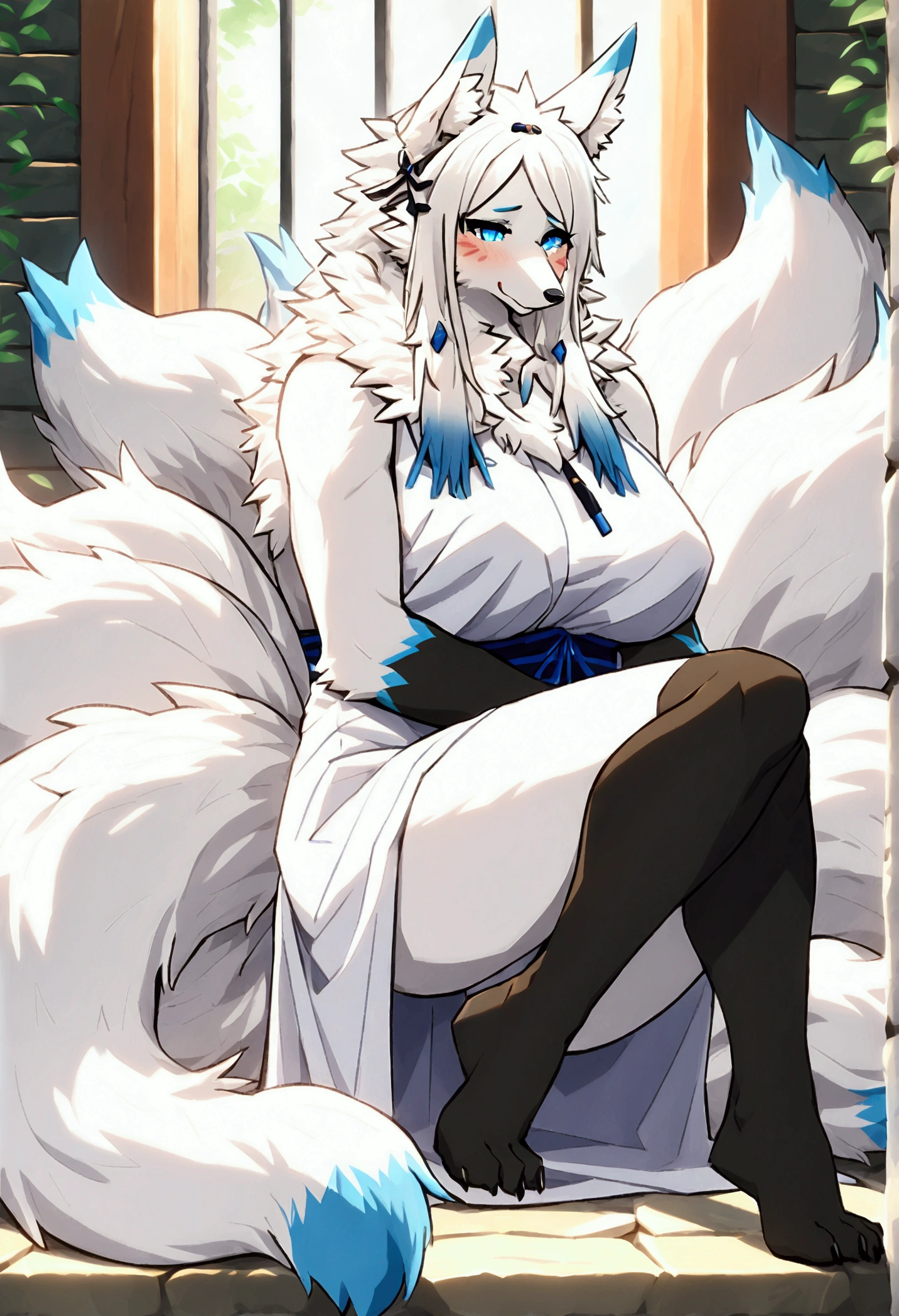 (top quality, best quality, Yamame513, High-quality illustrations, masterpiece, perfect artwork, cinematic light and shading, 16k, 1080p, uploaded on e621)(kemono, furry, anthro, alone), 1 female, (very detailed body, face, tail, arms, hands, legs, head and eyes), arctic fox, Yukime, (The Eminence in Shadow), hunter body, big breasts, white fur, fluffy, fluffy nine tails, white fox ears, blue inner ears, white fox hair, perfect eyes, blue eyes, black pupils, beautiful white dress, beautiful legwear, beautiful shrine garden, body movement, body twitching, red blushing, shy, protective behavior