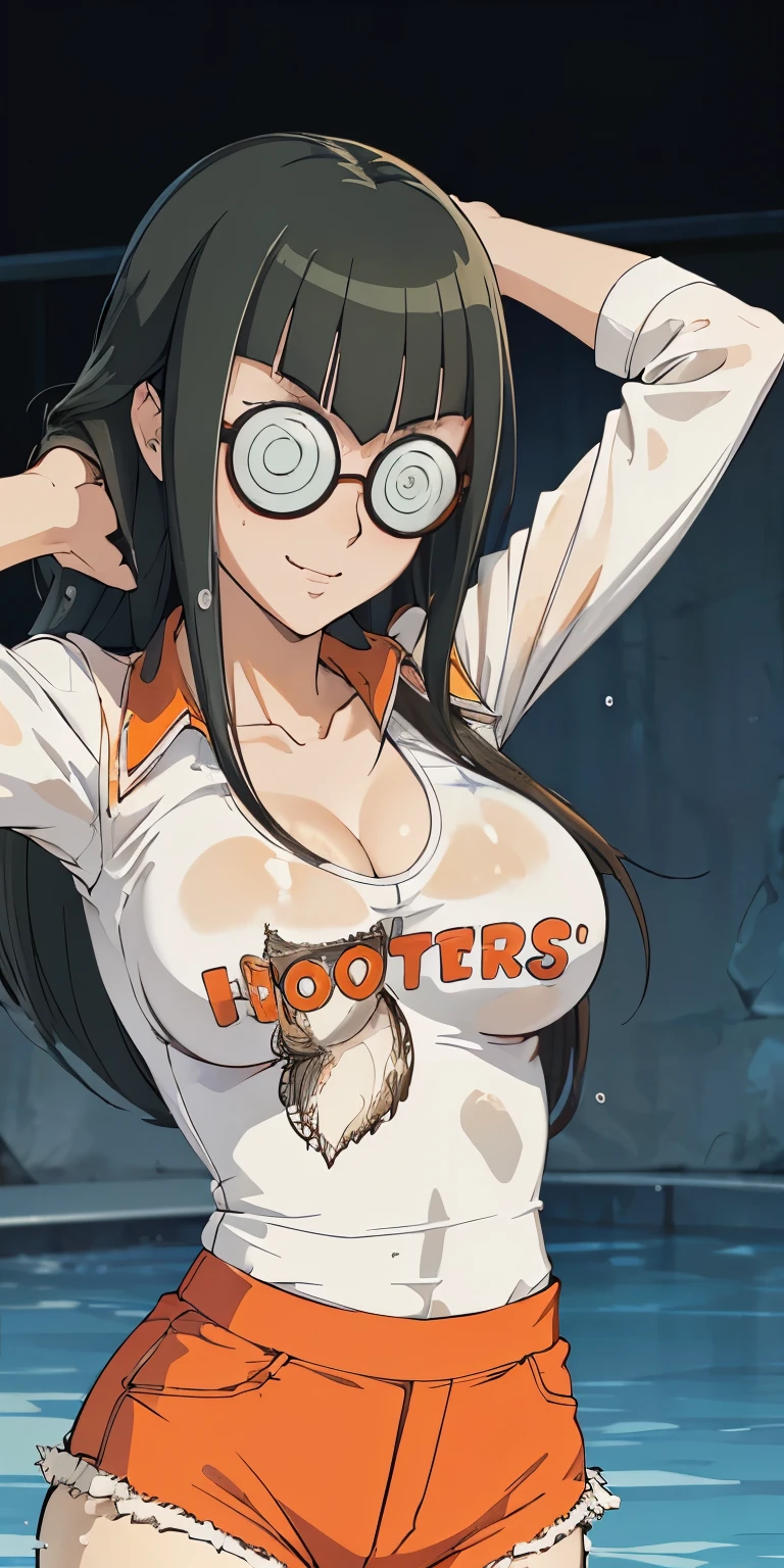 1 Female,High definition,high resolution,Ultra-realistic,8K,CC,black hair,long hair, glasses large breasts,white shirt, hooters, orange shorts, pantyhose,European,sexy,Upper body close-up,Photographed from the front,Dynamic Angles, beautiful face, smiling, highly detailed, HD,(wet shirt),perfect glasses 