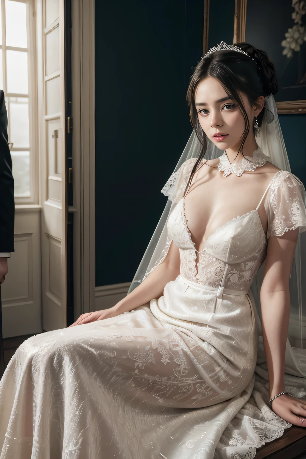 (RAW photo:1.2), (realistic), beautiful detailed girl, very detailed eyes and face, beautiful and detailed eyes, huge file size, High resolution, very detailed, highest quality, [table top:1.6], shape, very detailed, small details, highest quality, 8k wallpaper, movie lighting,woman in a torn wedding dress, hold a gun and fight something, ruined cathedral, Fight bravely, Desolate world, A white bra is visible through the torn wedding dress, I can see white pants, dark mysterious cathedral, look of fear, slender body, young face, immature body, underwear exposed, white high heels