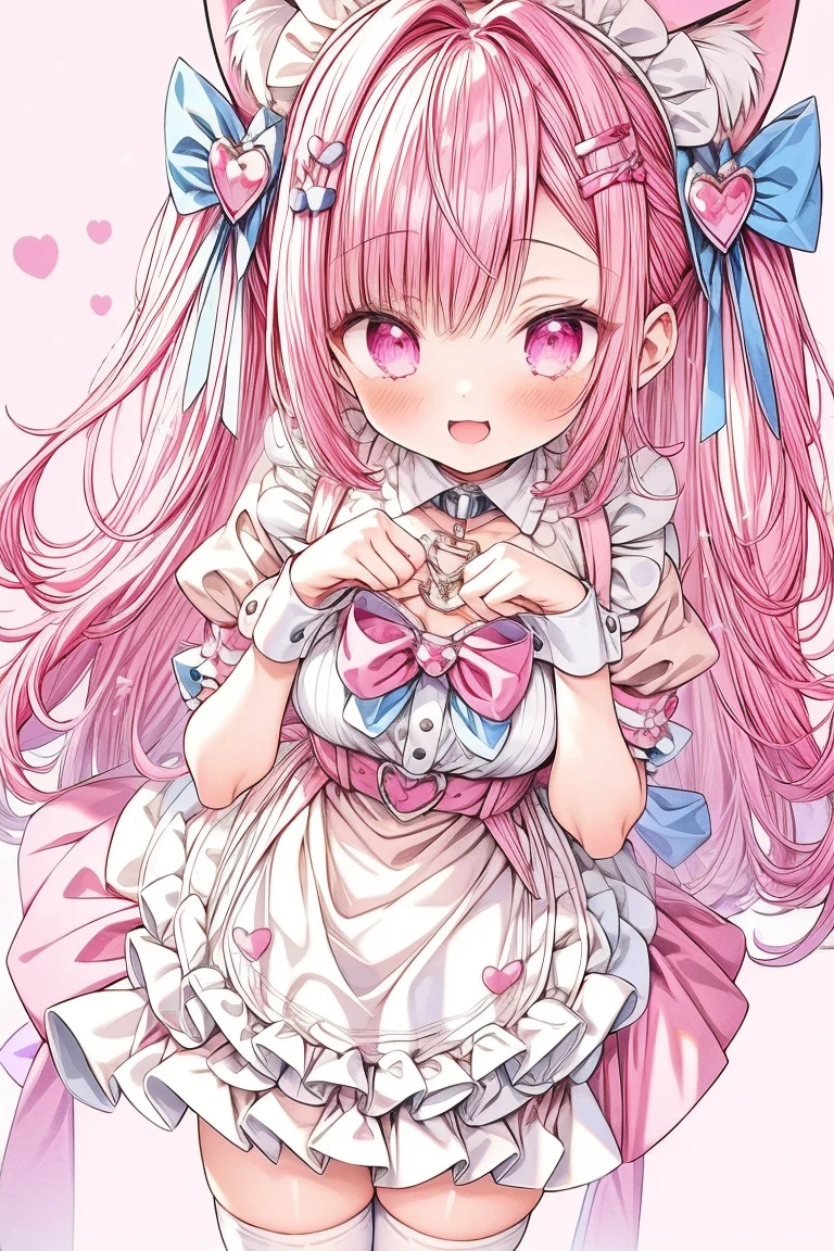 1 girl,solo,sakuna,pink hair,streaked hair,Hair ornament with clione and ribbon,clione,animal ears,maid headdress,thigh highs,puffy short sleeves,cat like ears,dress,apron, white apron,long hair,two side up,light blue bow,hair ornament,puffy sleeves,short sleeves,pink dress,wrist cuffs,pink bow,sakuna,sakunaXL,yuuki sakuna,(masterpiece,best quality,very aesthetic,ultra detailed), (Ultra-detailed, Expressive brilliance,Glitter,Glowing Eyes),Highly detailed eyes,intricate details,pink heart background