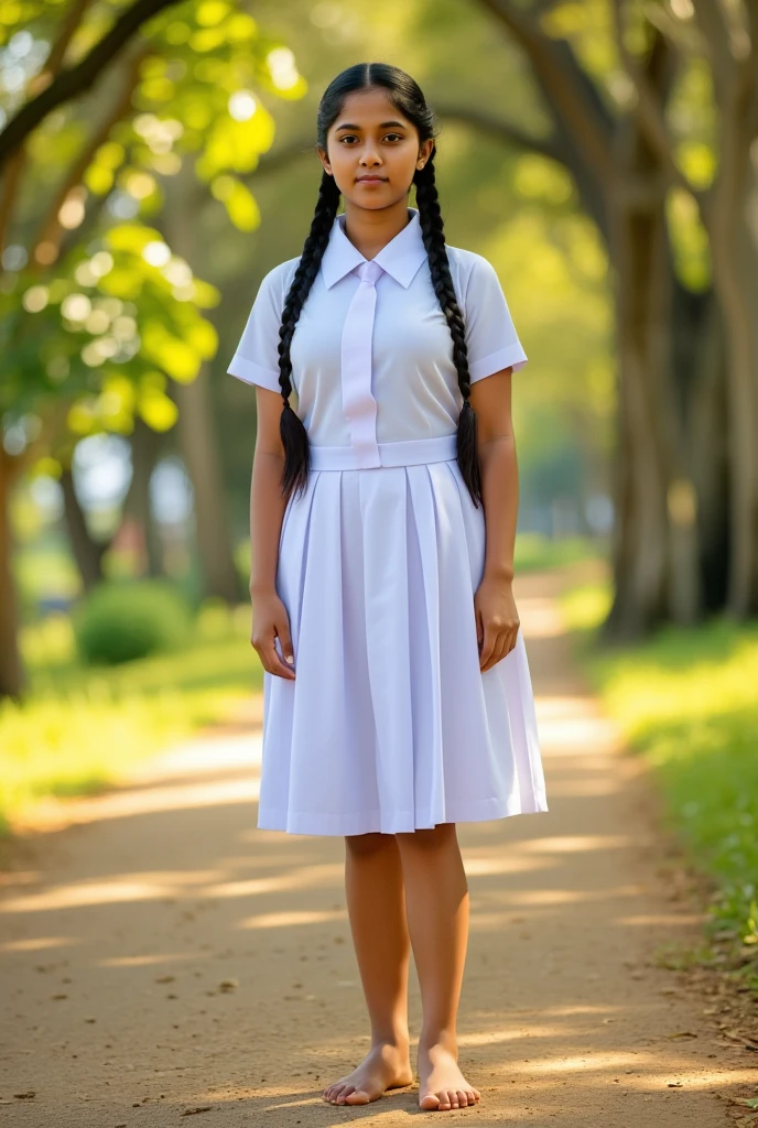 a beautiful cute young teen school girl, sri lanka , large chest size , detailed white frock uniform, standing , beautiful barefoot , full body , wide photo ,cinematic lighting, hyperrealistic, photorealistic, 8k, masterpiece, warm colors, natural lighting , high quality, intricate details, tan color skin, sweaty body