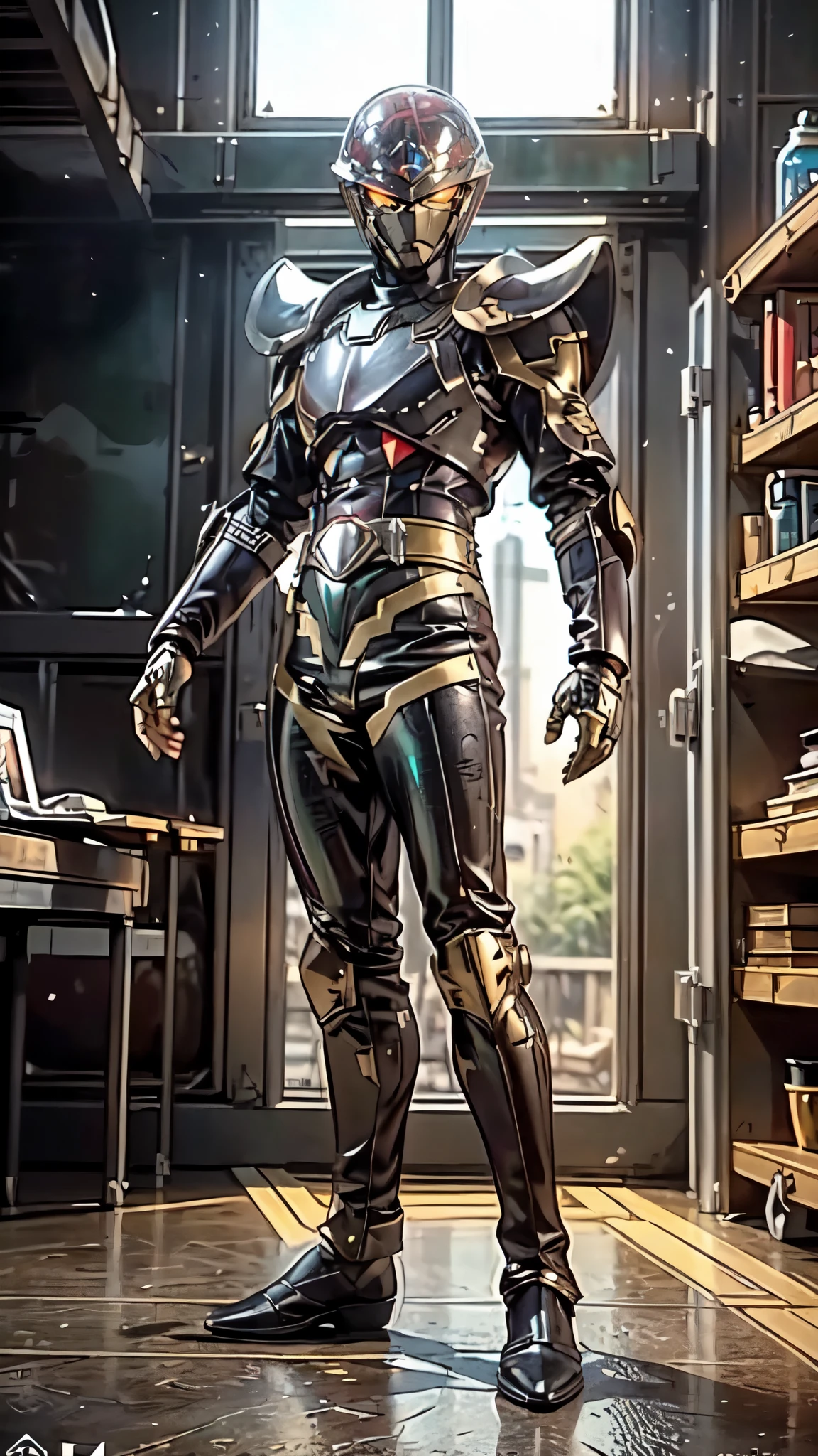 (masterpiece:1.5, best quality:1.5, extremely delicate:1.5), ((male:1.5)), a man wearing a full-face helmet, green eyes, fantasy-style high-tech biomimetic armored combat suit, (a composite layered chest armor), the design balances heavy with agility, fully enclosed shoulder guards, matching arm and leg guards, a belt of gemstone, (the color scheme is primarily Scarlet with White and Green accents, Organic Biotech, Concept Inspired by Superman, glowing eyes, armor glows, stand of a futuristic sci-fi city), this character embodies a finely crafted fantasy-style armored hero in anime style, exquisite and mature art style, metallic, high definition, highres, ultra-detailed, ultra-fine painting, professional, perfect body proportions, golden ratio, anatomically correct, symmetrical face, extremely detailed eyes and face, high quality eyes, creativity, RAW photo, UHD, 32k, Natural light, cinematic lighting, masterpiece-anatomy-perfect