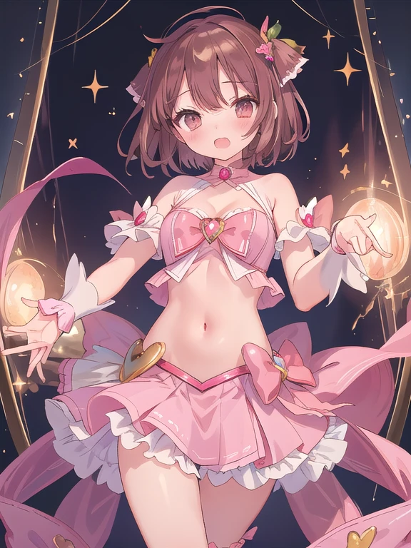 NSFW,(masutepiece)、(top-quality)、(ultra -detail)、(best anatomy)、offcial art、One girl、Black_hair, Ponytail, Short_Ponytail, serafuku, side locks, Low_Ponytail, Smile, Green_Eyes, (((Pink see-through magical girl costume:1.5))),Smaller chest、off shoulders、underboob、sideboob barbosa、thigh focused、Navel Ejection、Hands behind the body、up chest、