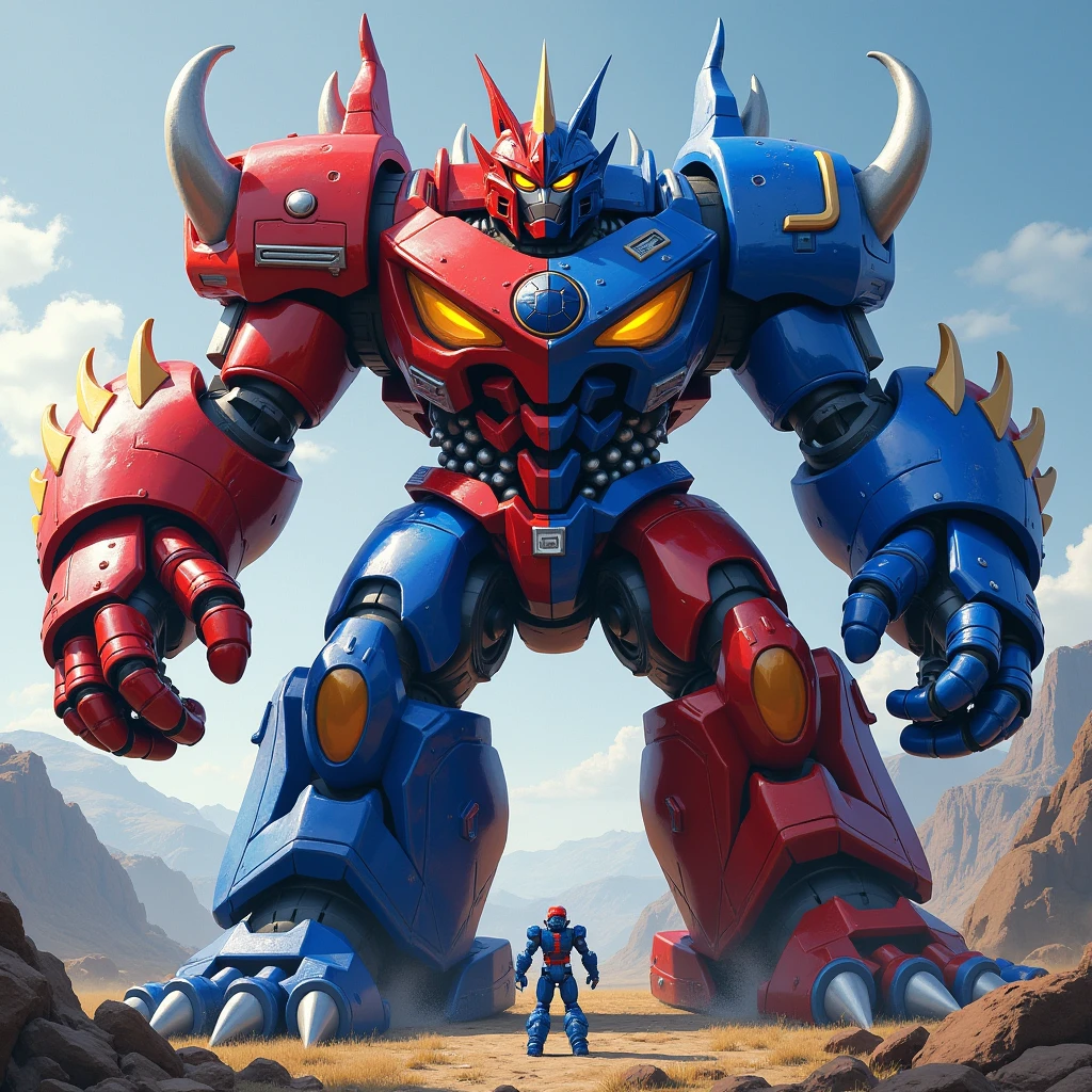 There is a large robot with horns standing in a desert - SeaArt AI